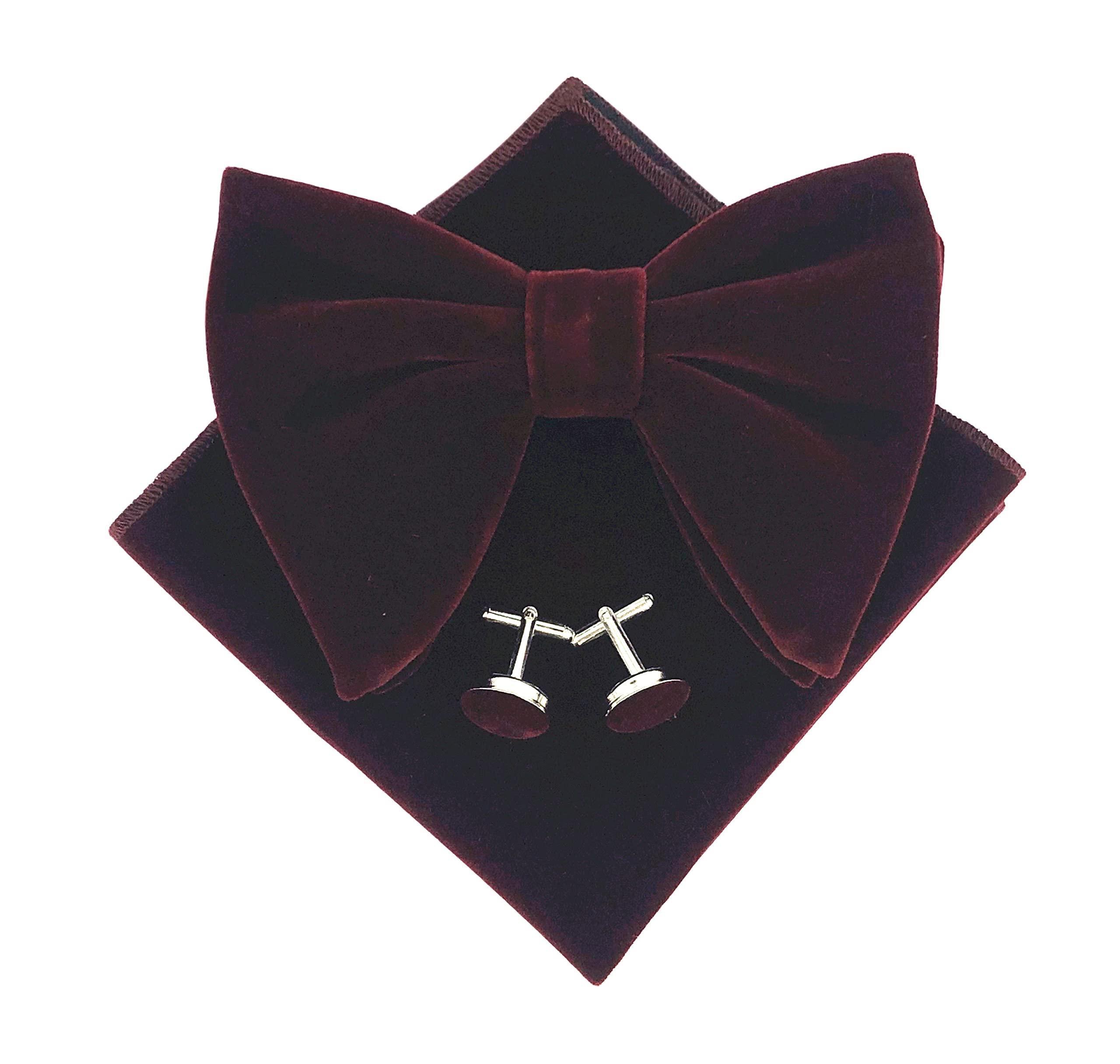 Mens Pre-Tied Oversized Bow Tie Tuxedo Velvet Bowtie Cufflinks Hankie Combo Sets