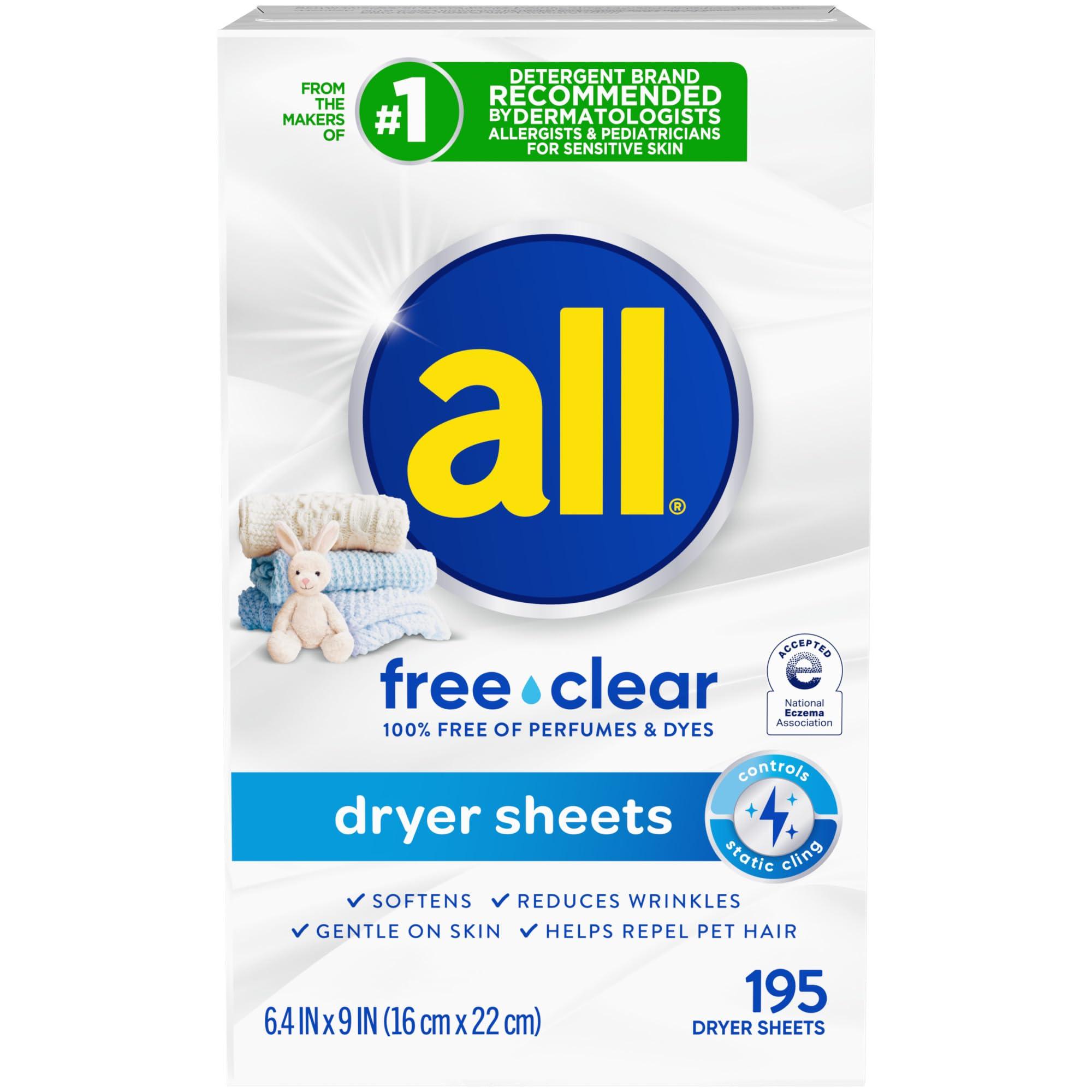 all Fabric Softener Dryer Sheets for Sensitive Skin, Free Clear, 195 Count - Image 2