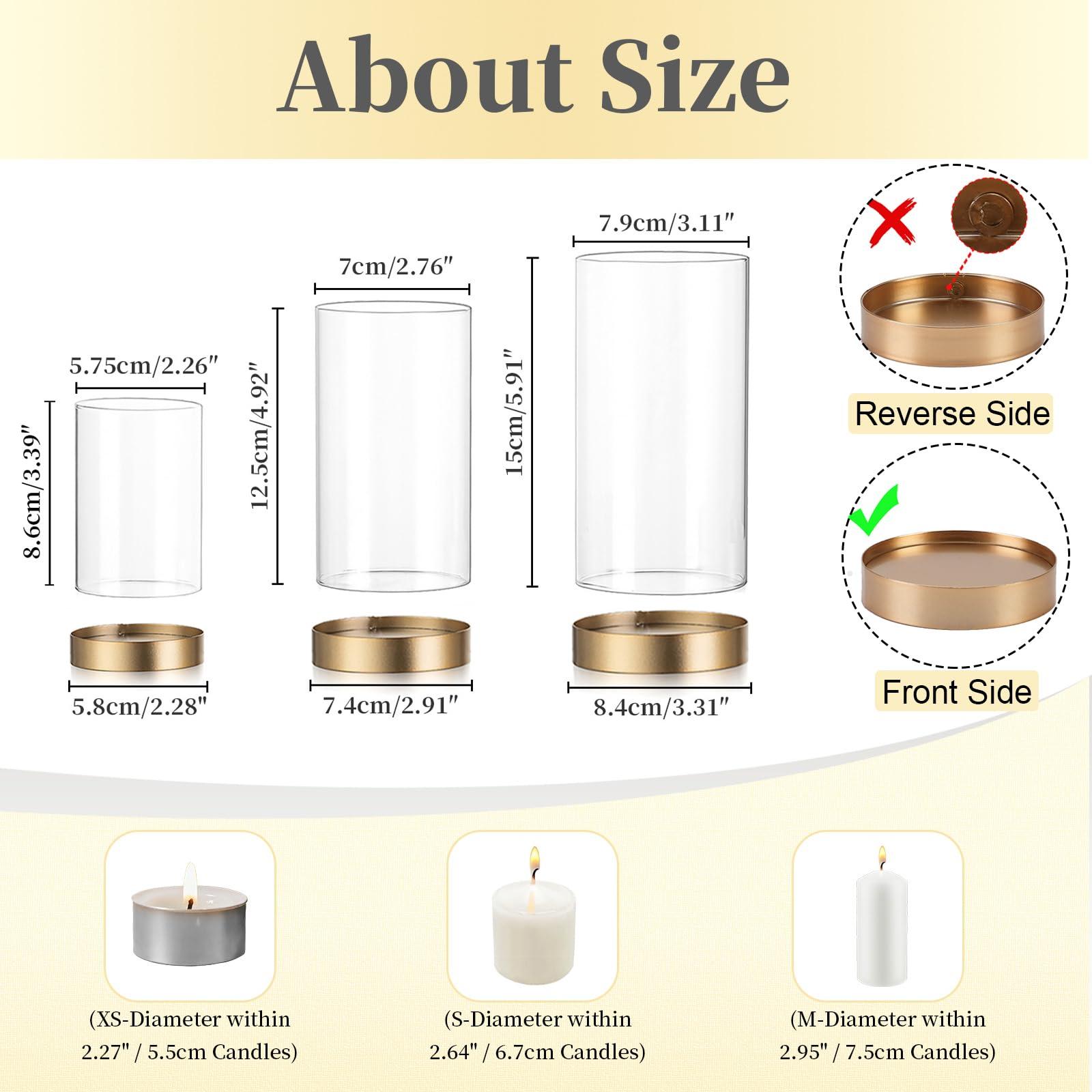 Hewory Hurricane Candle Holder for Pillar Candles: Gold Votive Candle Holders Set of 12, Glass Hurricane with Metal Candle Plate, Pillar Candle Holder for Table Centerpiece Wedding Holiday Home Decor - Image 3
