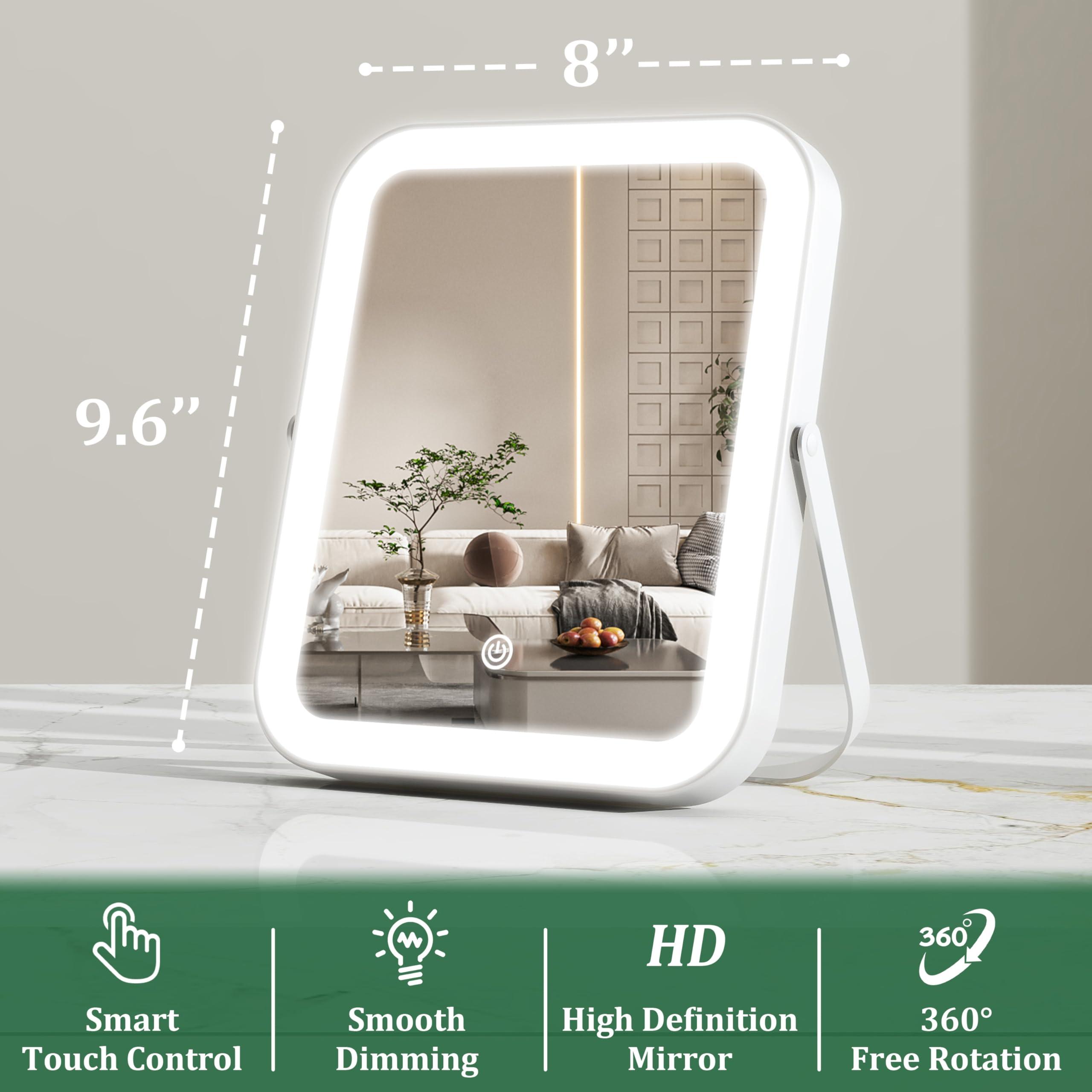 ROLOVE 8x10 Inch Lighted Vanity Mirror, 3-Color Dimmable LED Lighting & Touch Control, Portable Makeup Mirror with U-Bracket for Travel/Dressing Room (White) - Image 2