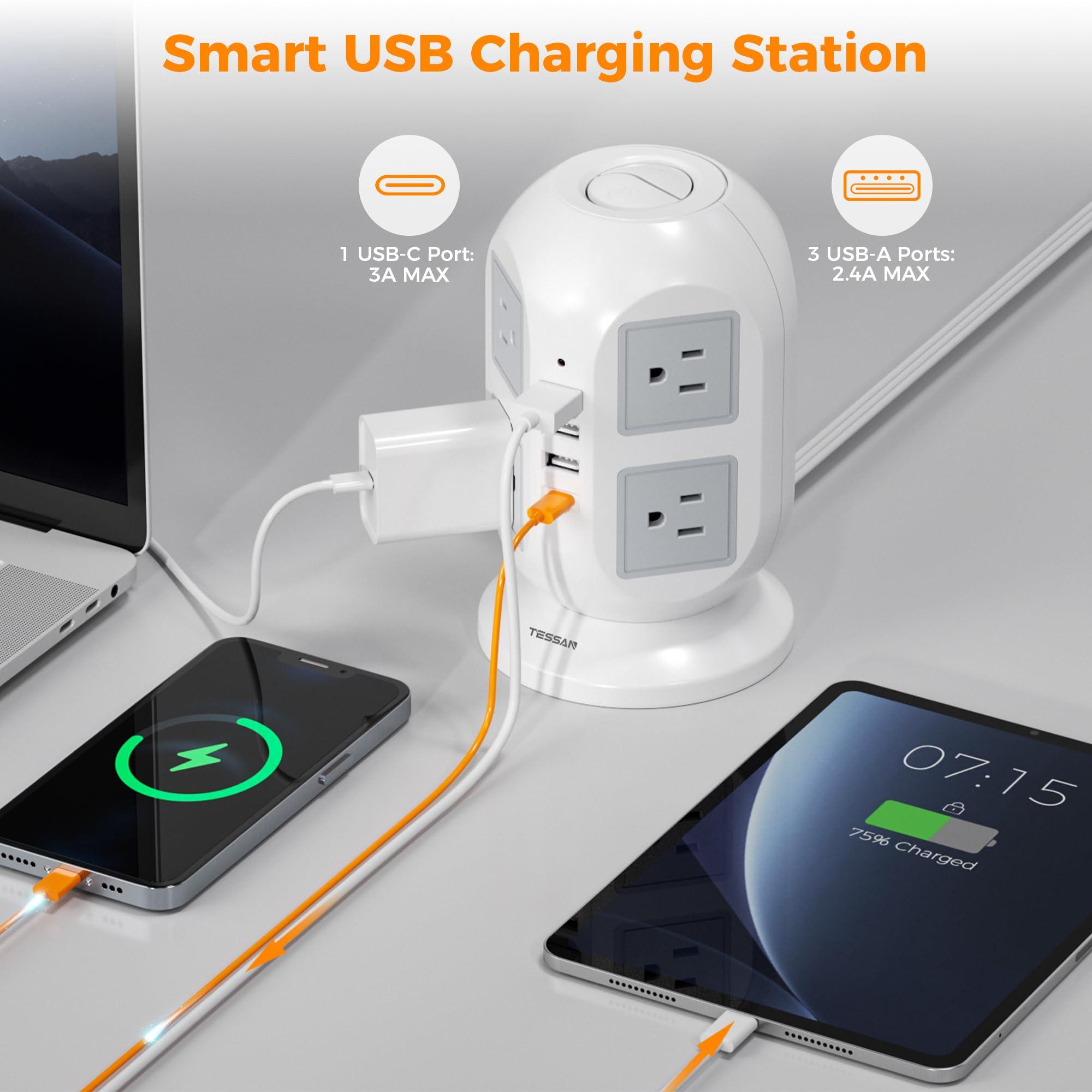 Tower Surge Protector Power Strip 10 ft, TESSAN Long Flat Extension Cord with Multiple Outlets, 8 AC Outlets with 4 USB Ports (1 USB C), Charging Station with Surge Protection, for Home Office Dorm - Image 3