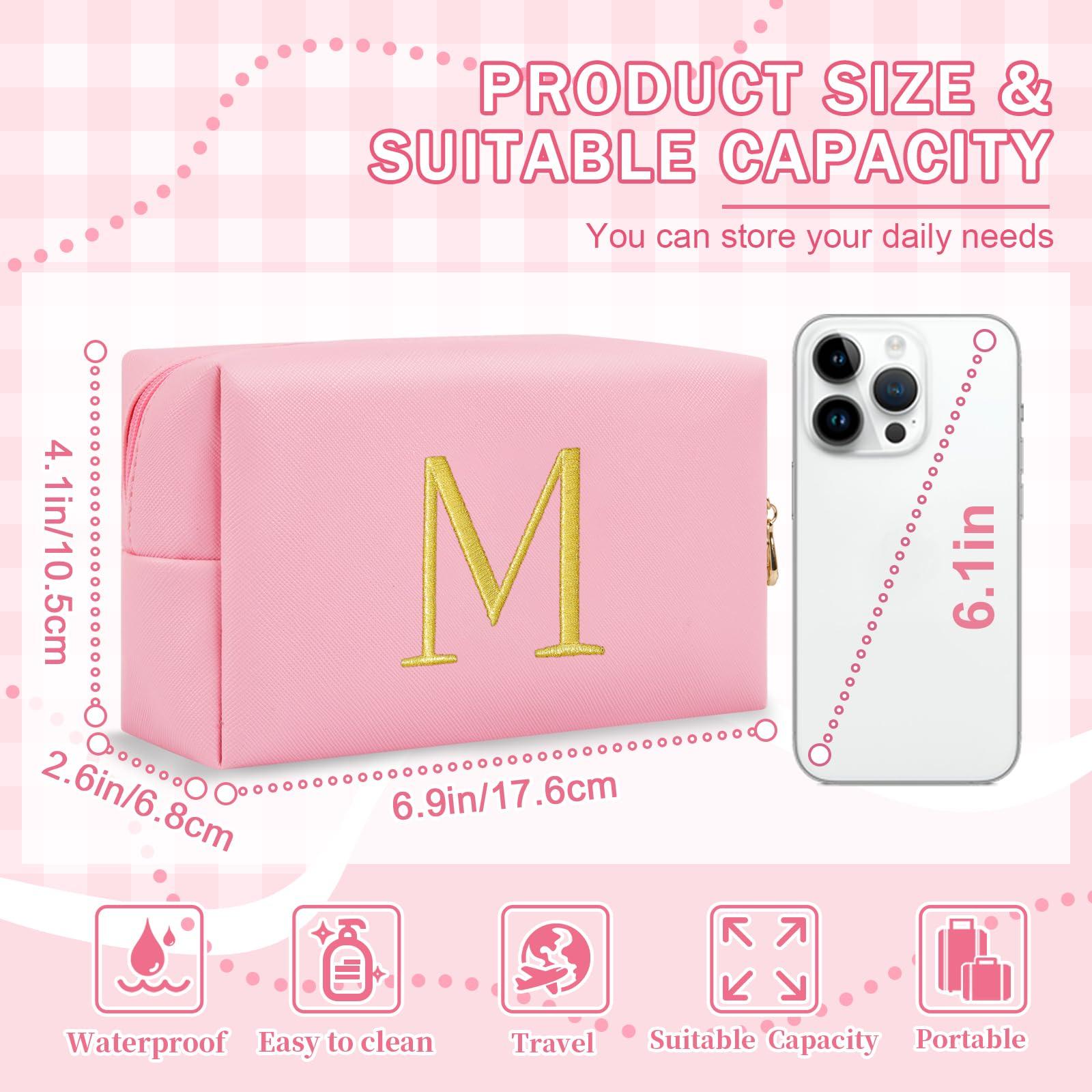 Personalized Gift Initial Makeup Bag,Preppy Gold Embroidered Letter Cosmetic Bag Stocking Stuffers for Teen Girls,Small Travel Toiletry Bag,Custom Christmas Birthday Gift for Women Mom Kids(Pink-M) - Image 2