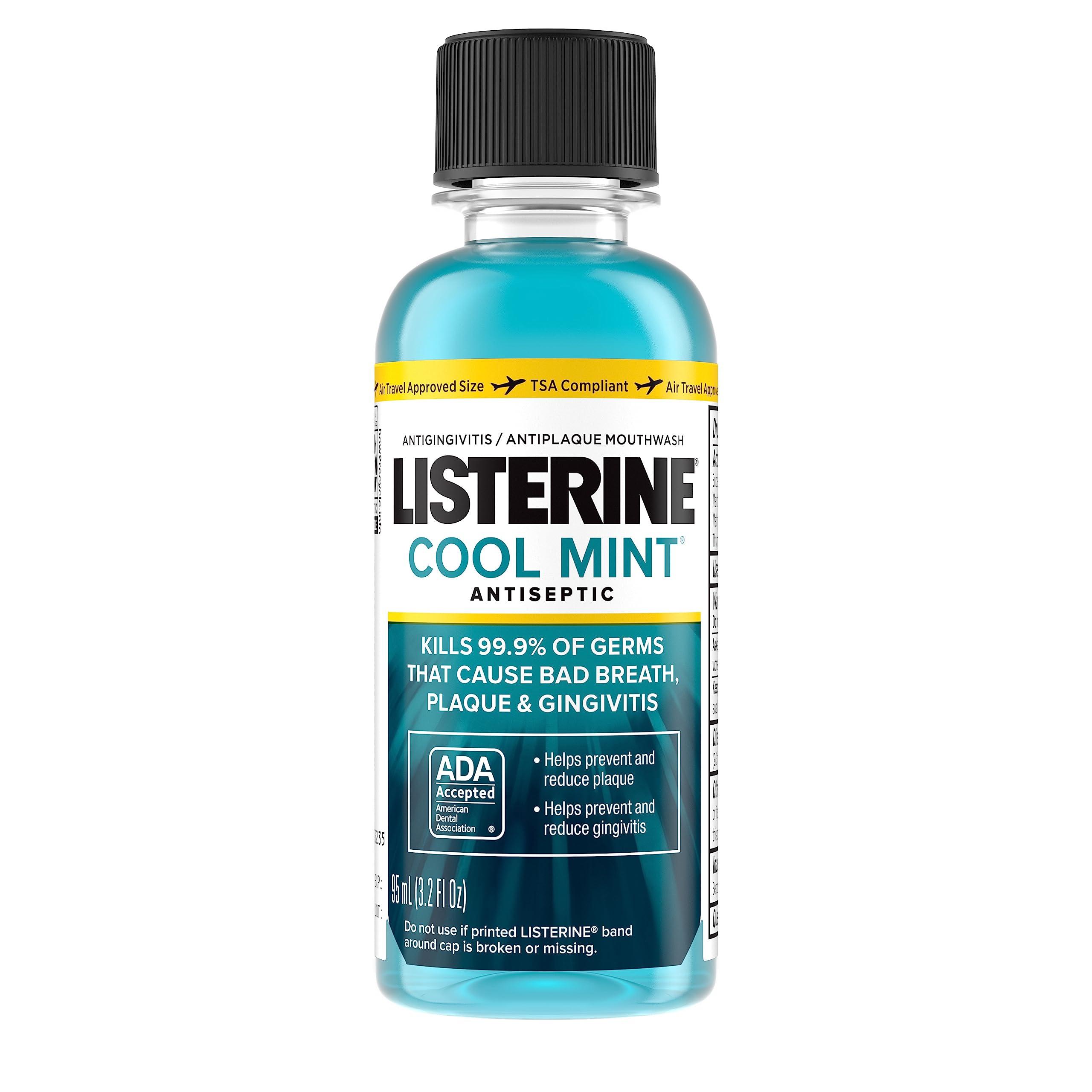Listerine Cool Mint Antiseptic Mouthwash for Bad Breath, Plaque and Gingivitis, Travel Size, 3.2 Fl Oz ,Pack of 12
