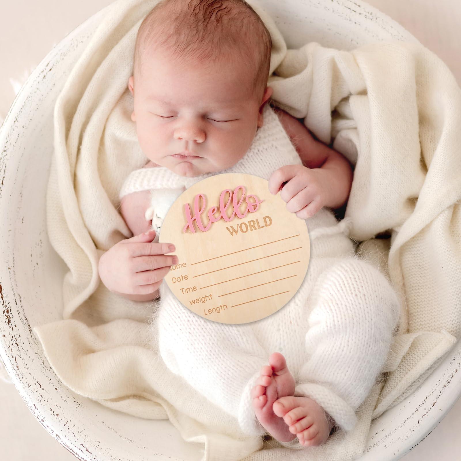 Tyqour Baby Announcement Sign 5.91 Inch Hello World Newborn Sign Welcome Baby Name Sign Newborn Announcement Sign Birth Announcement Sign For Hospital Photo Props Baby Shower Nursery(Pink) - Image 2