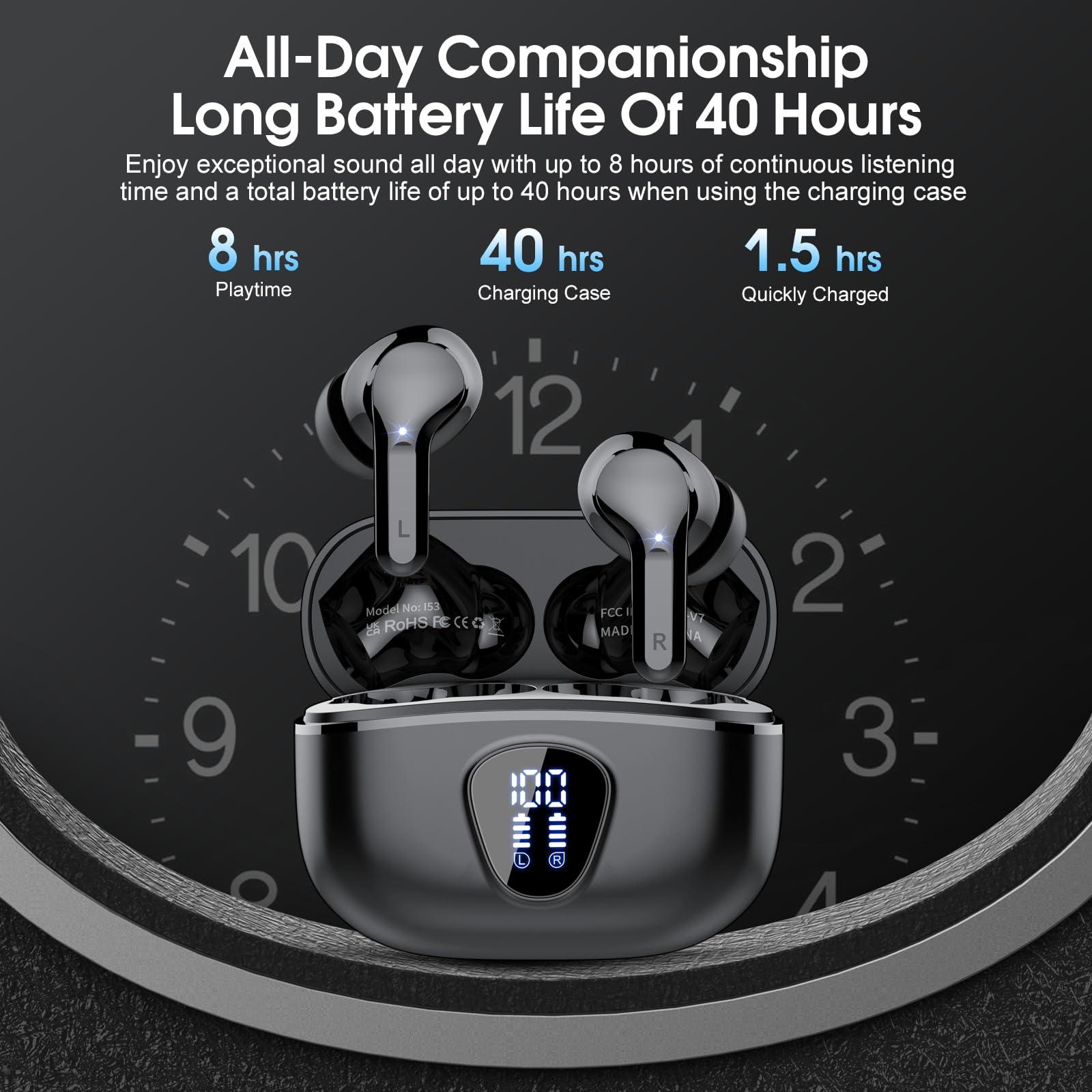 Wireless Earbuds, Bluetooth 5.3 Headphones HiFi Stereo, Bluetooth Earbuds with ENC Noise Cancelling Mic, IP7 Waterproof in Ear Earphones, 48H, LED Display Ear buds for Phones Workout, Mysterious Black - Image 5