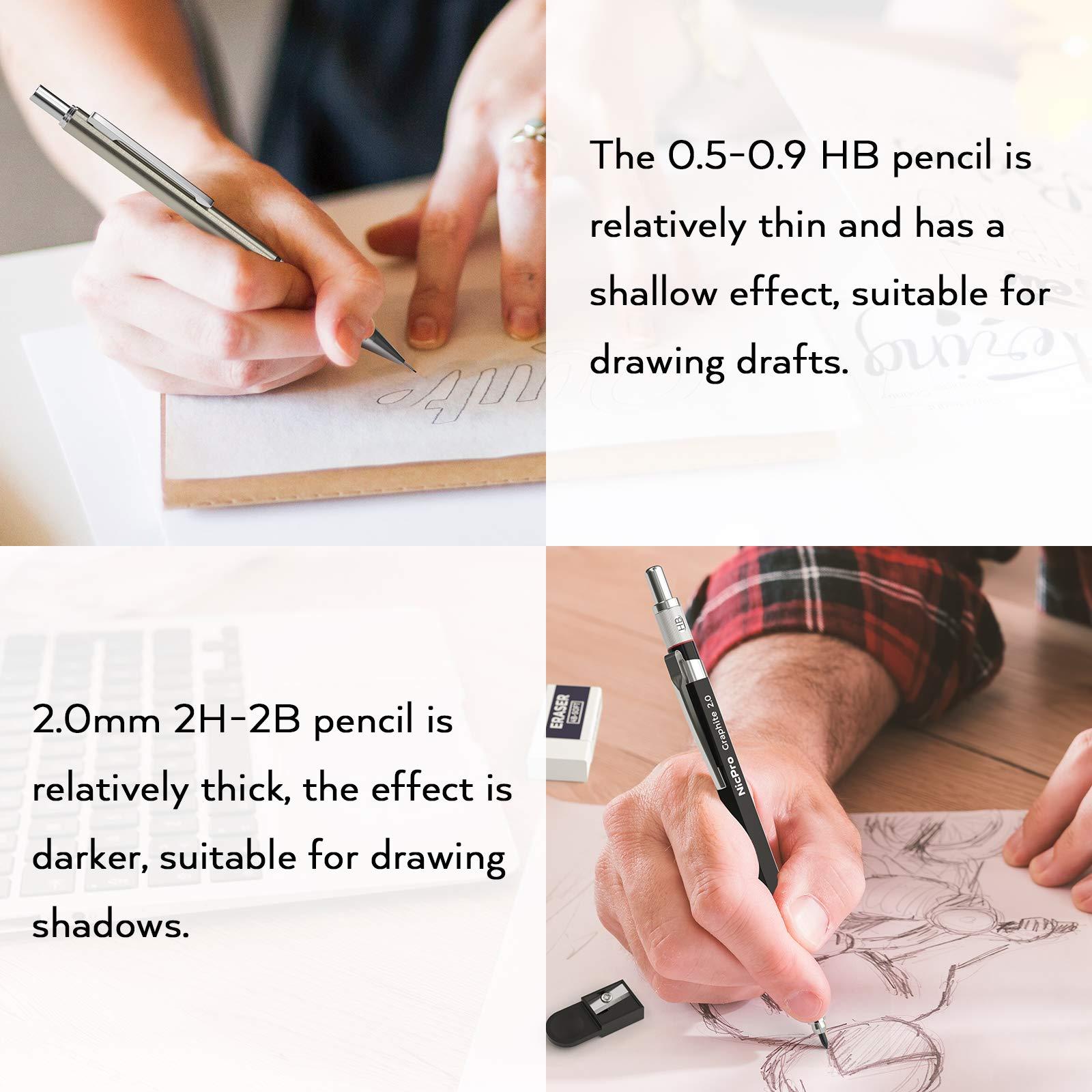 Nicpro 6PCS Art Mechanical Pencil Set, 3PCS Metal Drafting Pencil 0.5 mm & 0.7 mm & 0.9 mm & 3PCS 2mm Graphite Lead Holder (2B HB 2H) For Writing, Sketching Drawing With Lead Refills Case - Image 8