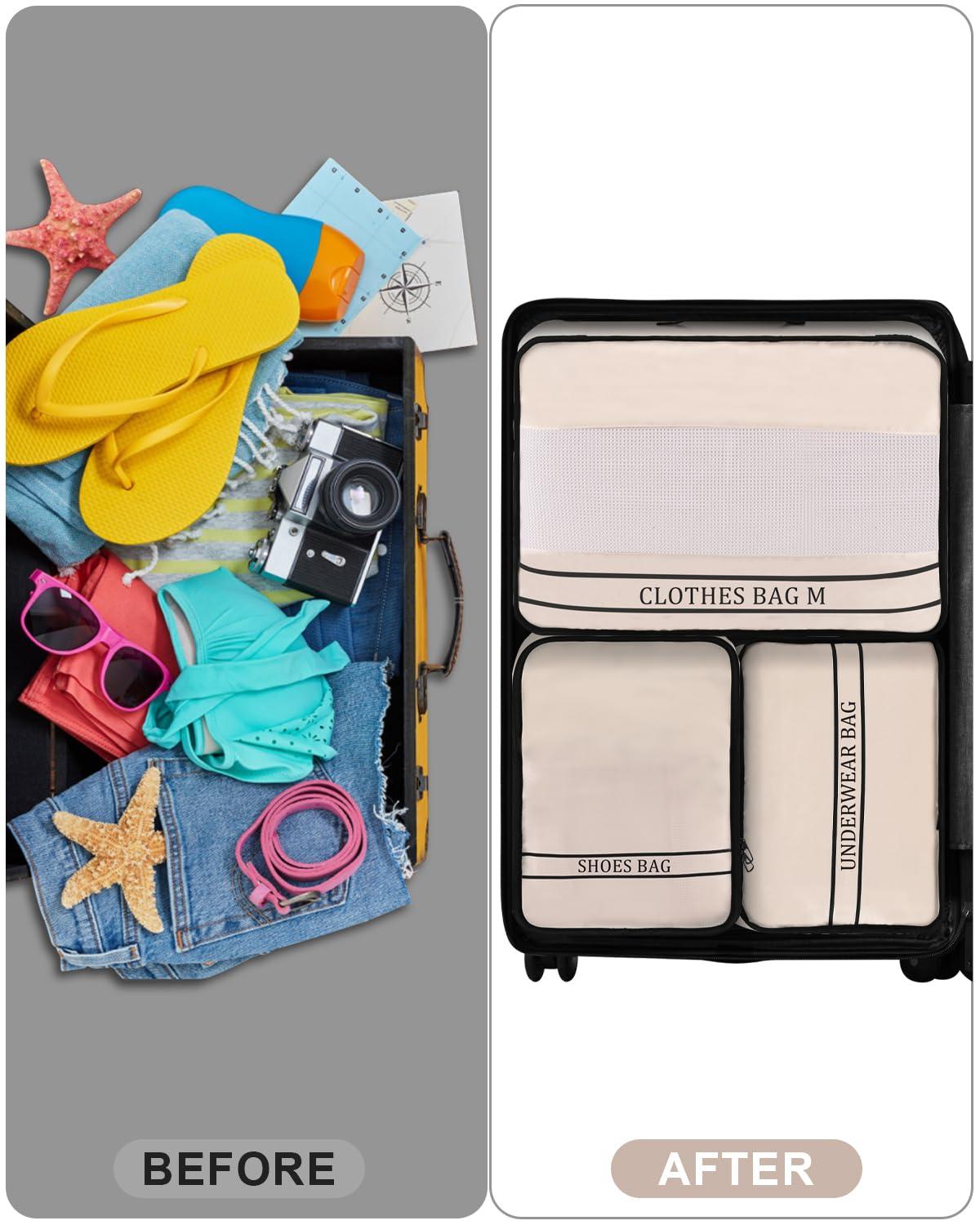 Ougrand 9 Set Packing Cubes Luggage Packing Organizers for Travel Accessories Space Saving Travel Bags for Carry On, Lightweight Mesh Zipper, Clothes, Shoes, Laundry and Shoe Bag, Suitcases (Cream) - Image 6