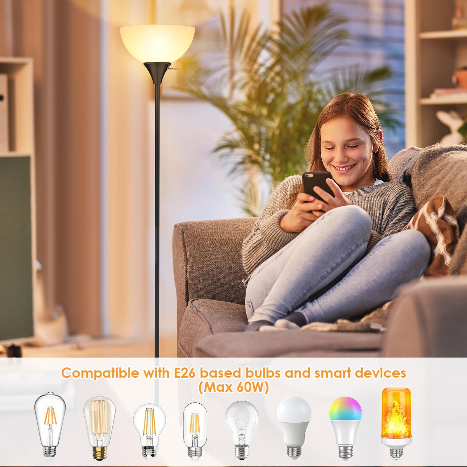 Coucrek Floor Lamp, LED Standing Lamps with White Plastic Shade, Black Modern Torchiere Floor Lamp, Tall Lamps for Living Room Dorm, Bulb not Included - Image 4
