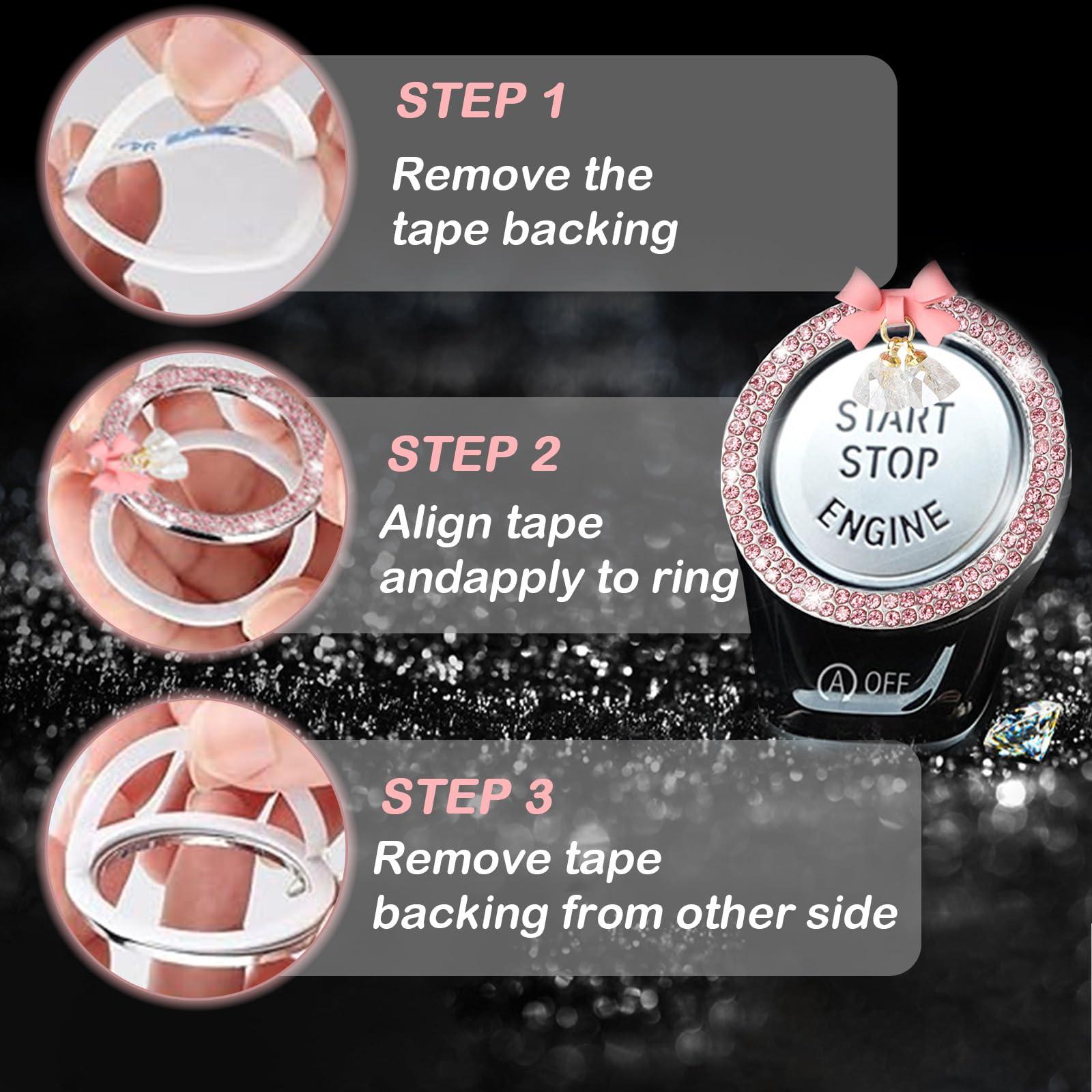 Pink Car Start Button Cover Sticker, Pink Bow Crystal Bell Start Decals, Key Ignition Knob Bling Ring, Automotive Interior Accessories Decoration for Women Girl - Image 6