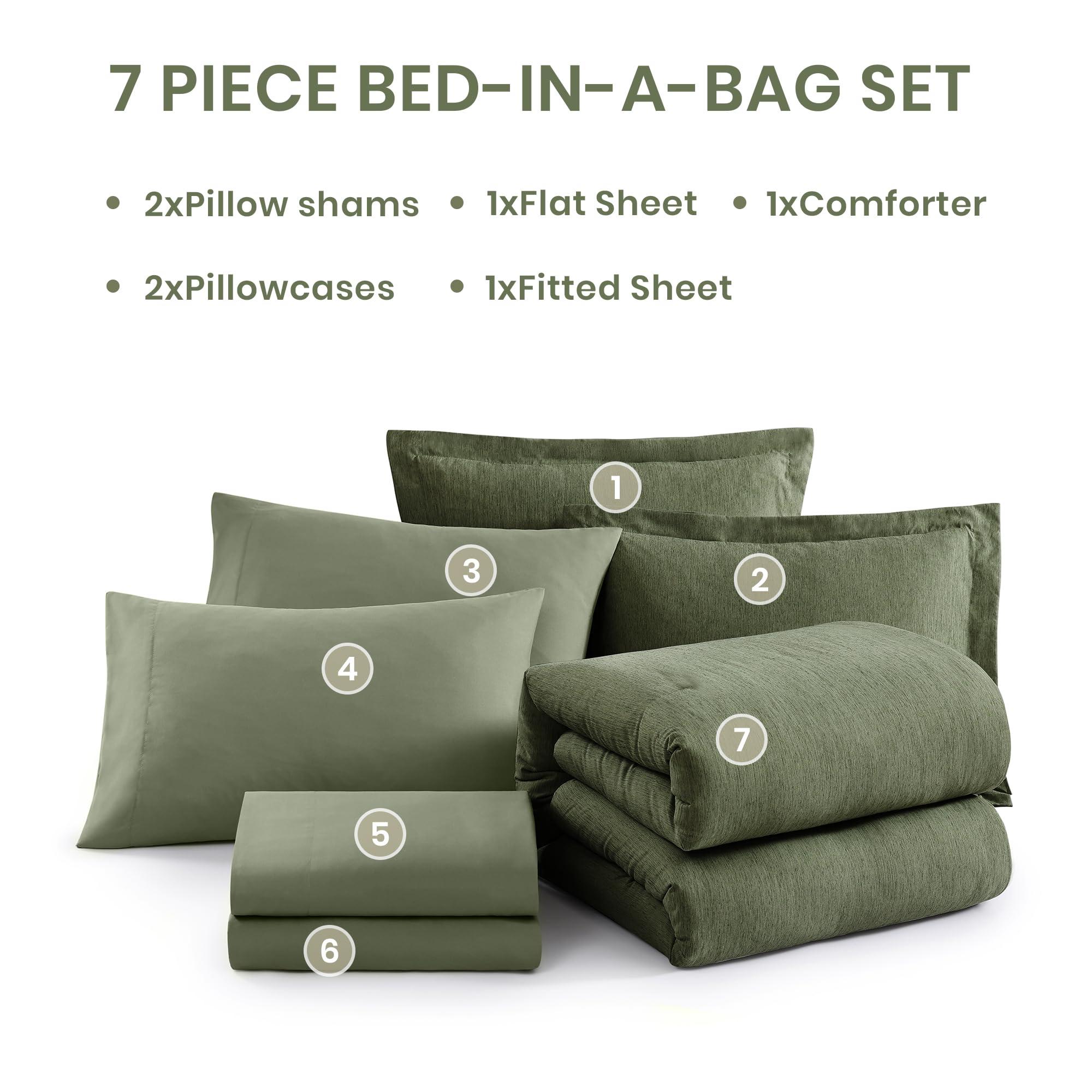 Monbix Queen Comforter Set - 7 Pieces Cationic Dyeing Olive Green Bed in a Bag Queen Bedding Sets with Comforter, Sheets, Pillowcases & Shams, Reversible Bedding Comforters Sets - Image 6