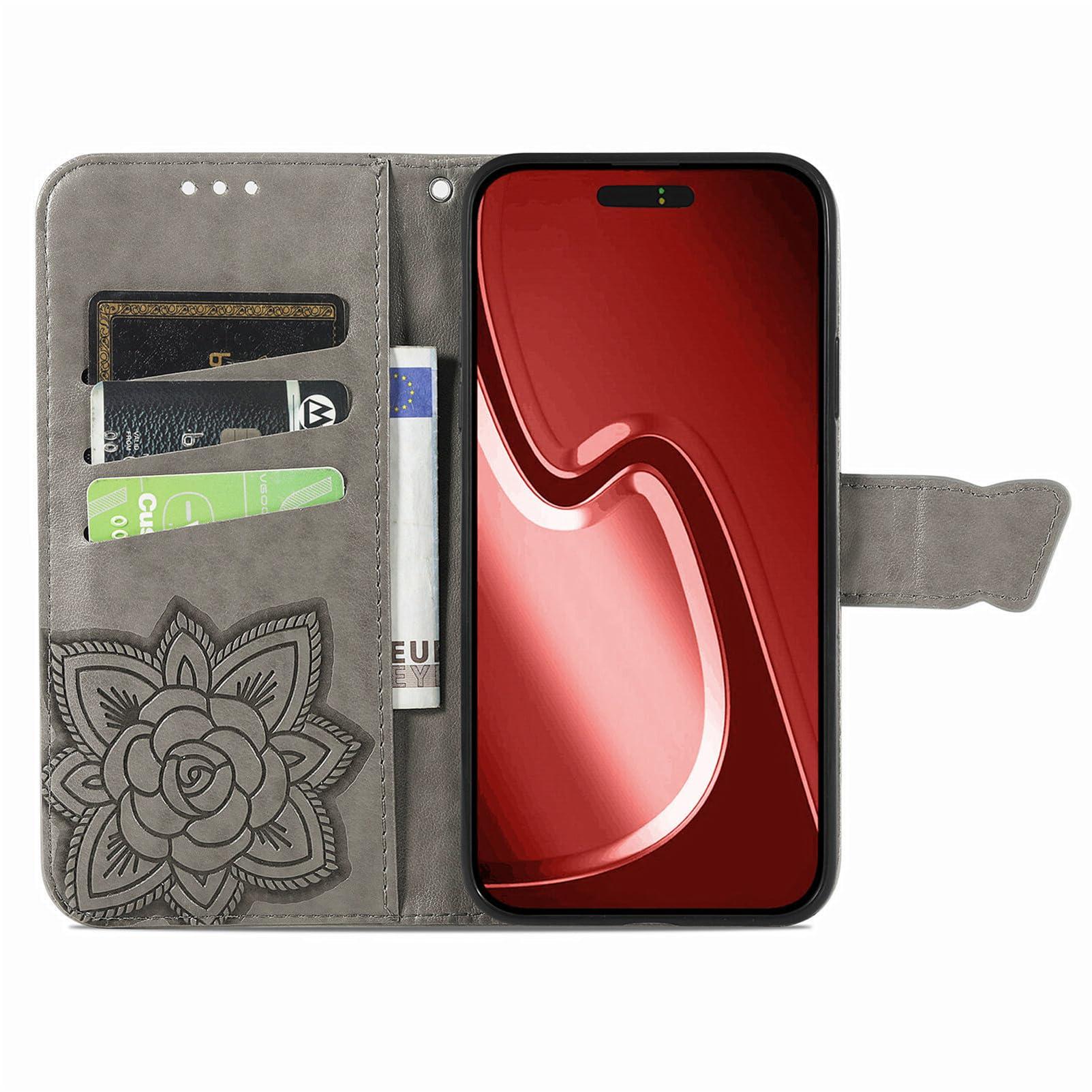 GuluGuru for iPhone 16 Pro Max Leather Wallet Phone Case, Butterfly Flower Relief Folio Flip Cover, Floral Card Holder Cash Slot, Magnetic Clasp, Stand Support, Wrist Strap Lanyard - Image 2