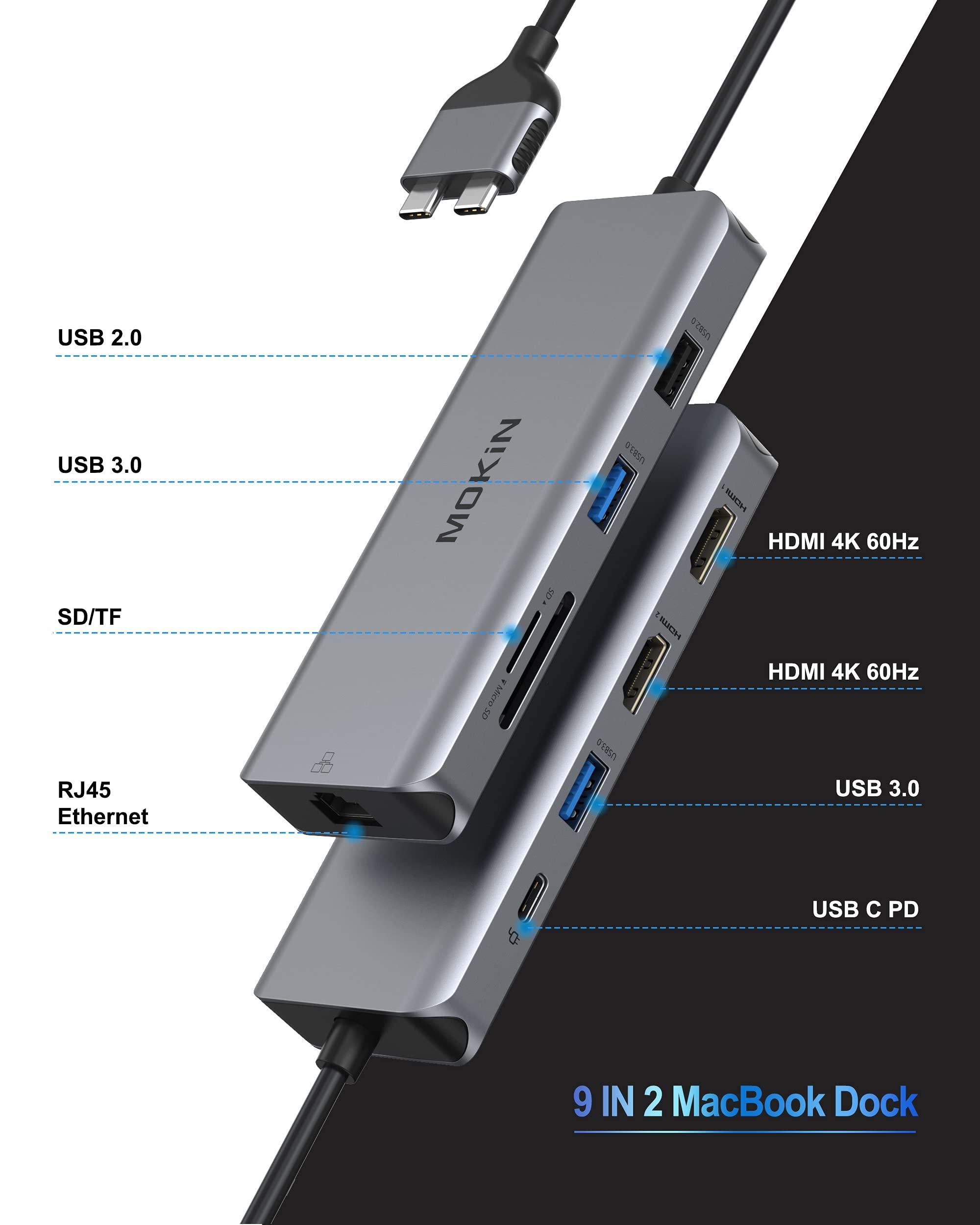 MacBook Pro Docking Station Dual Monitor MacBook Pro HDMI Adapter,9 in 1 USB C Adapters for MacBook Pro Air Mac HDMI Dock Dongle Dual USB C to Dual HDMI Ethernet 3USB SD/TF100W PD - Image 2