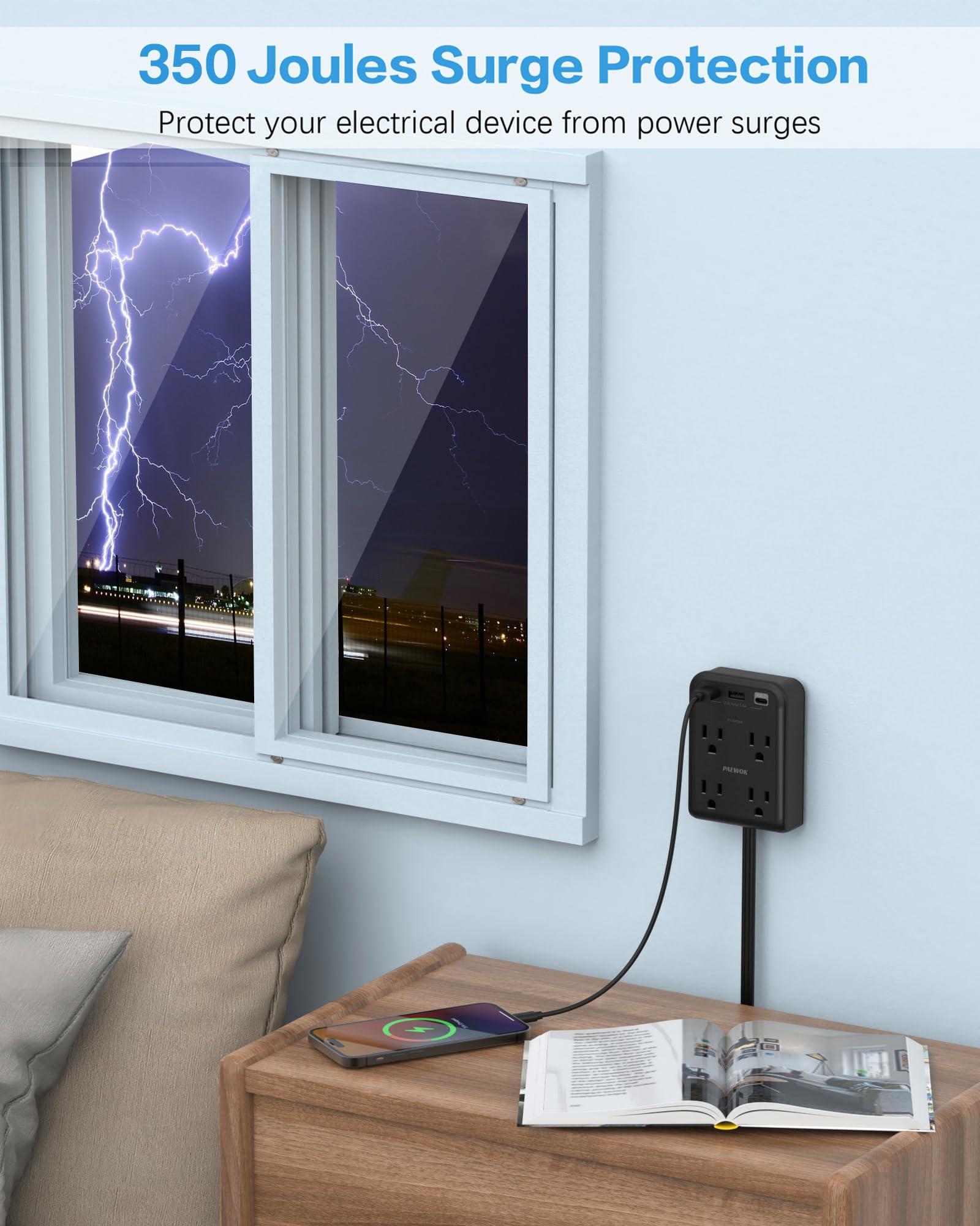 Flat Electrical Outlet Extender with USB C Ports, 4 Outlet 3 USB Wall Plug, 6 ft Ultra Thin Extension Cord, Flat Plug Power Strip Surge Protector for Home, Office. Black - Image 5