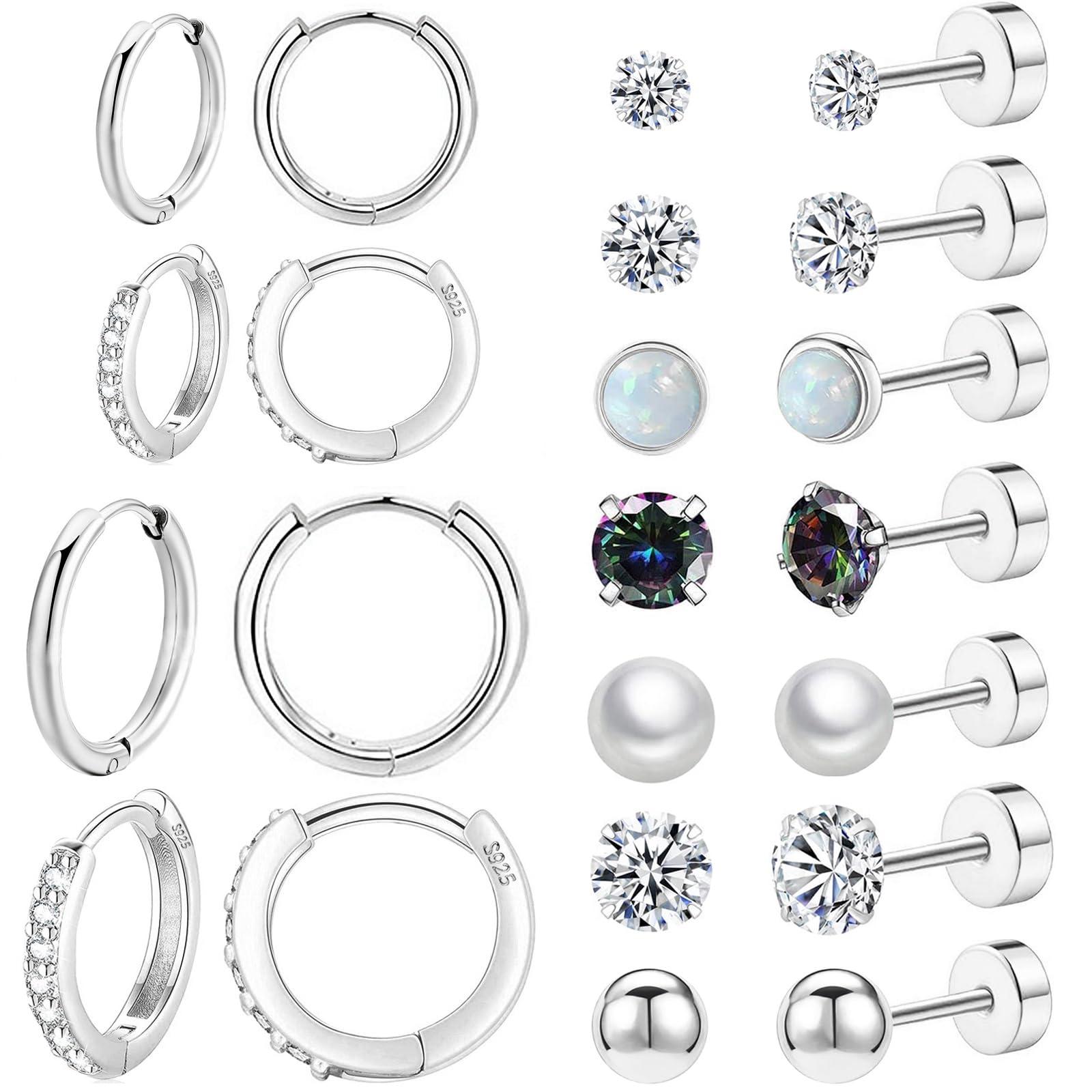 Surgical Steel Flat Back Earrings Set for Multiple Piercing Sensitive Ears,Sterling Silver Hypoallergenic Small Cartilage Huggie Hoop Earrings Titanium Tiny CZ Pearl Opal Stud Earrings for Women - Image 9