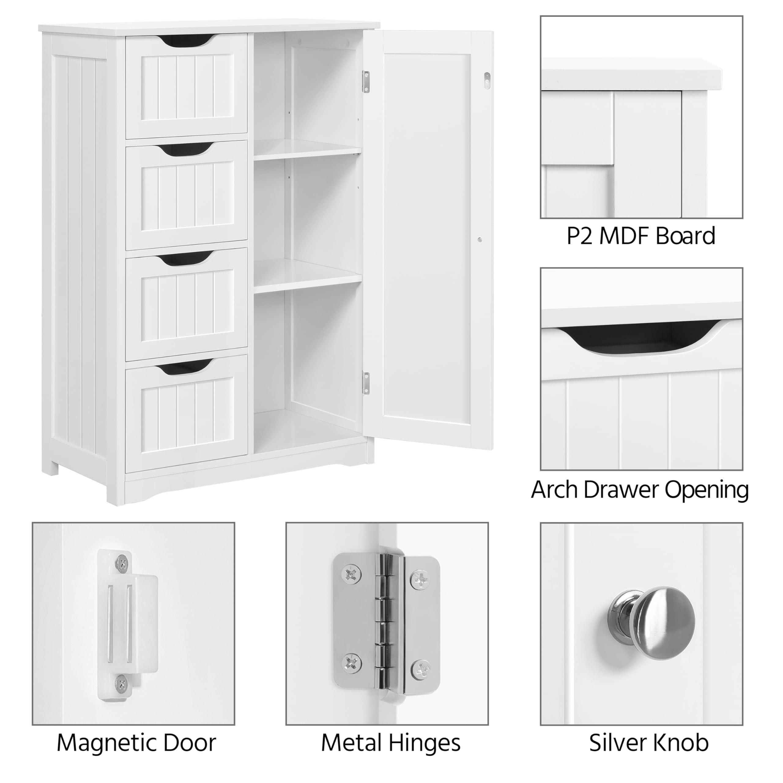 Yaheetech Wooden Floor Cabinet, Side Storage Organizer with 4 Drawers and 1 Cupboard, Freestanding Entryway Storage Unit Console Table, Bathroom Furniture Home Decor, White - Image 6