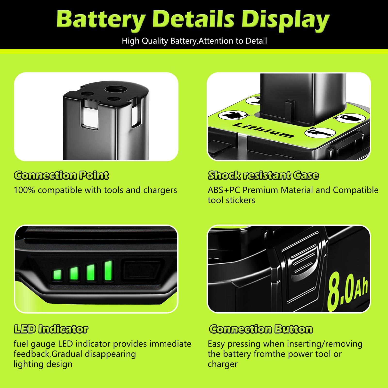 KINGTIANLE 8.0Ah 18V Battery for Ryobi: Replacement Compatible with Ryobi 18V Battery ONE+ Lithium-ion P108 P102 P103 P105 P107 P189 Cordless Power Tools, 2 Pack - Image 6