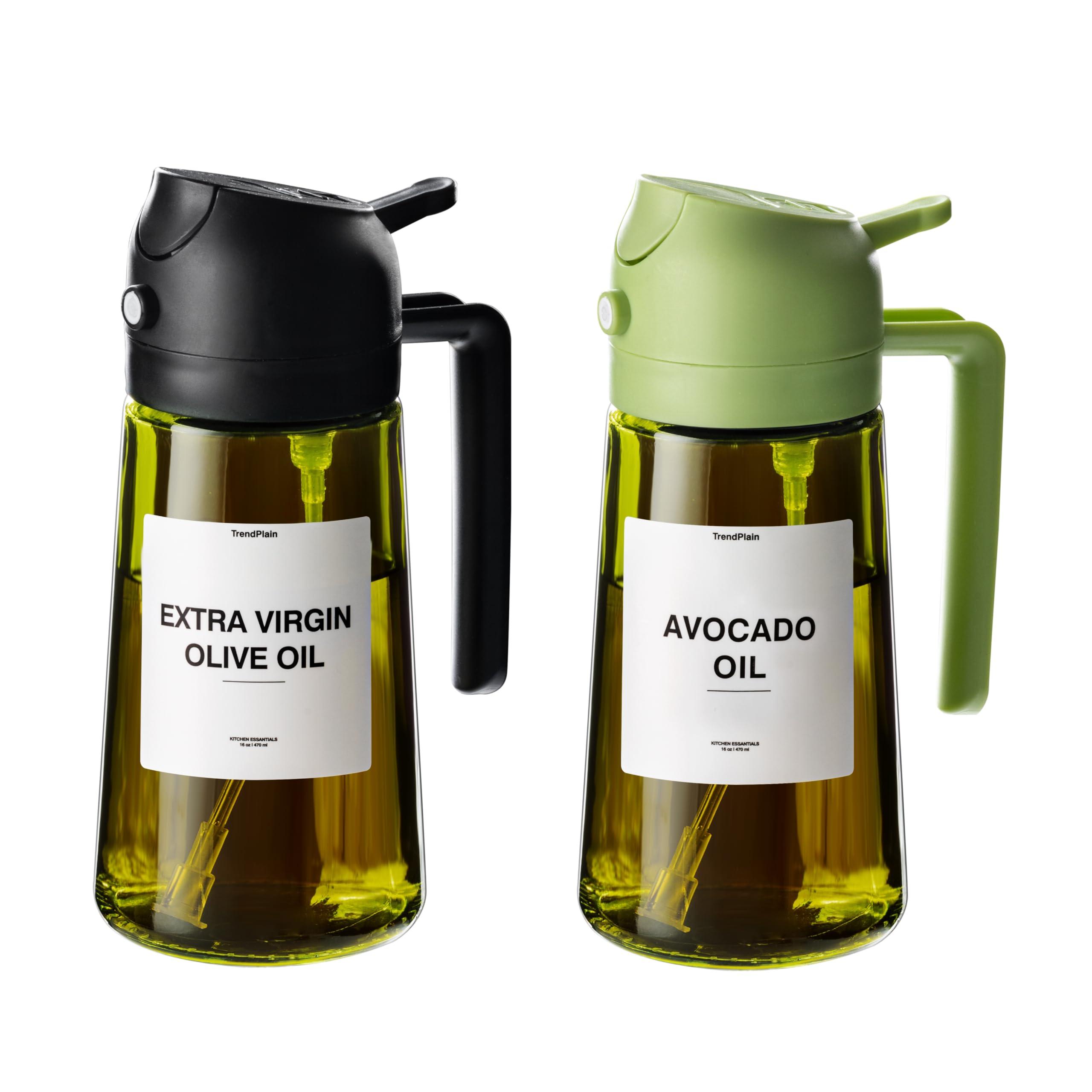 TrendPlain - Original 16oz/470ml Olive Oil Dispenser Bottle for Kitchen Gadgets and Air Fryer Accessories - Olive Oil Sprayer for Cooking w/Stickers - Black&Green