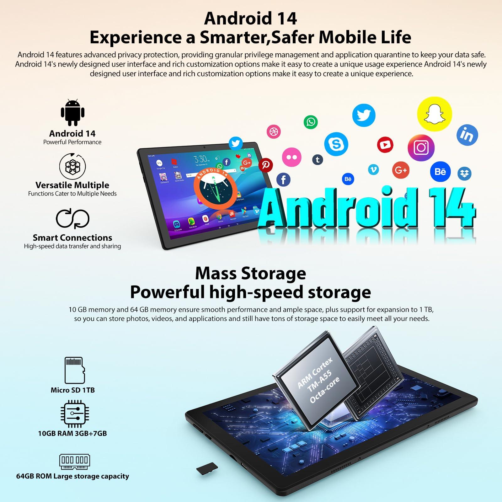 ROWT Tablet 10 inch Android 14, Octa-Core, 10GB RAM 64GB ROM 1TB Expandable, Widevine L1, 1280x800 IPS Touchscreen, BT 5.4, Dual Camera with Flash (Black) - Image 3
