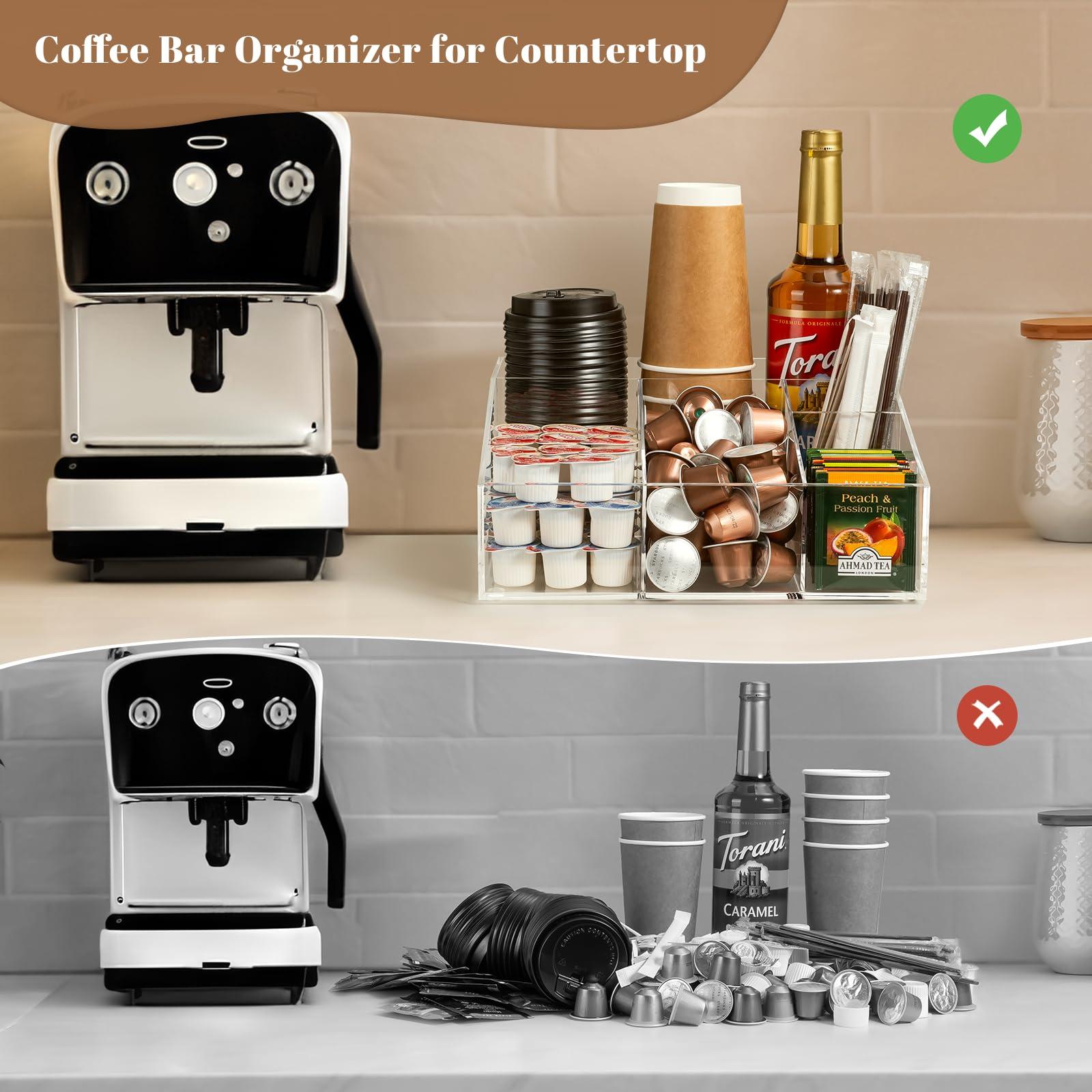 BEYGORM Acrylic Coffee Bar Station Organizer for Countertop,Office Breakroom Clear Snack Tea Storage Accessories Holder for Kcup Pod Condiment Cup Sugar Creamer Syrup, Coffee Gift for Coffee Lovers - Image 4