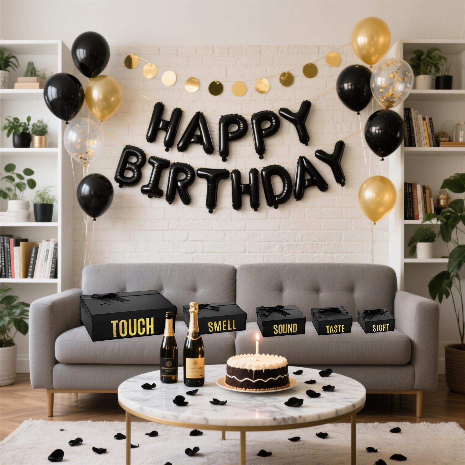 YIXAXKAO 5 Senses Gift Boxes for Him Five Senses Gift Birthday Decorations Black Nesting Gift Boxes With Lids Happy Birthday Banner Balloon for Husband Boyfriend (Black gold) - Image 6