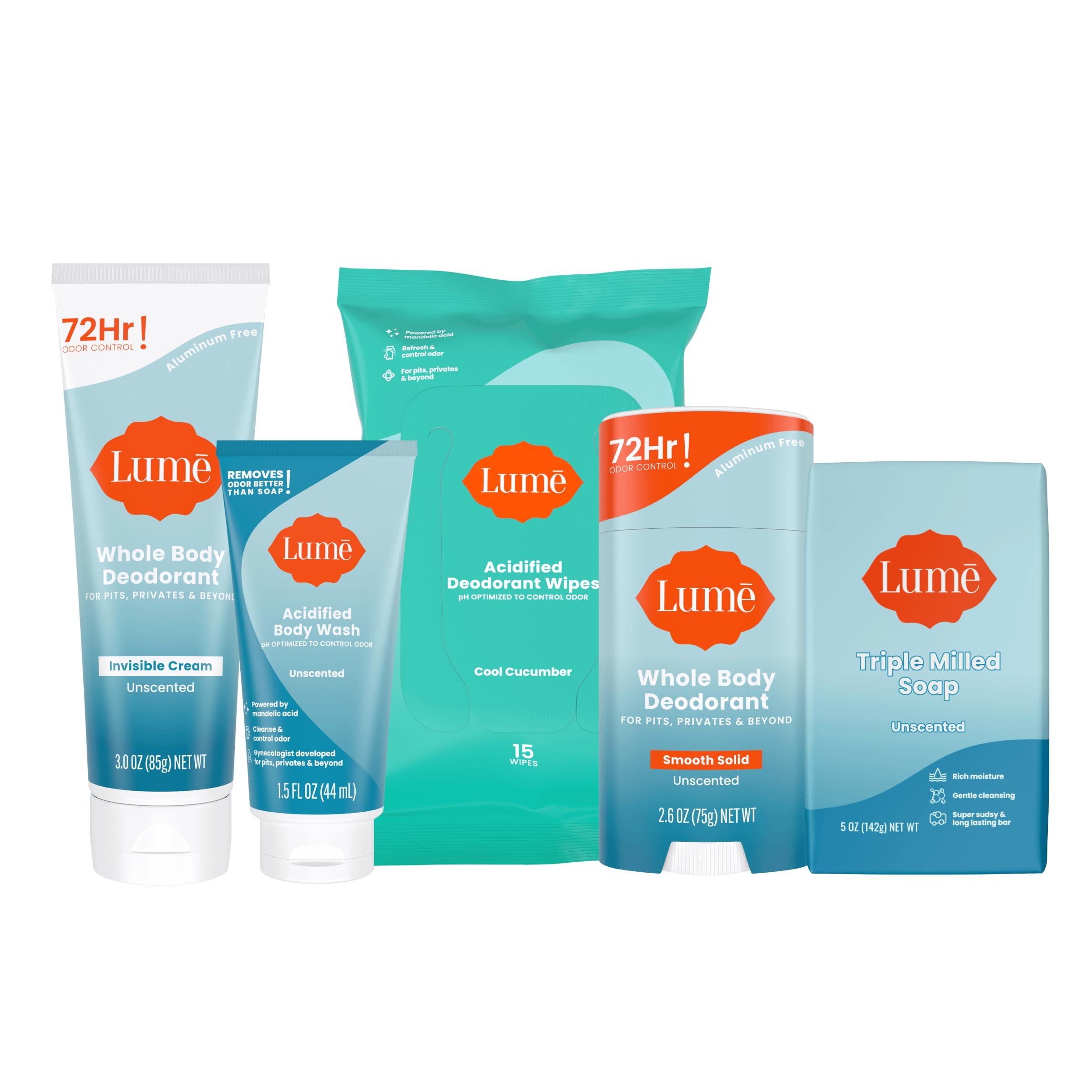 Lume Skin Care Gift Set for Women, Whole Body Deodorant Starter Pack - Smooth Solid Stick, Invisible Cream Tube, Acidified Body Wash Mini & Deodorant Wipes - Aluminum Free Odor Control (Unscented)