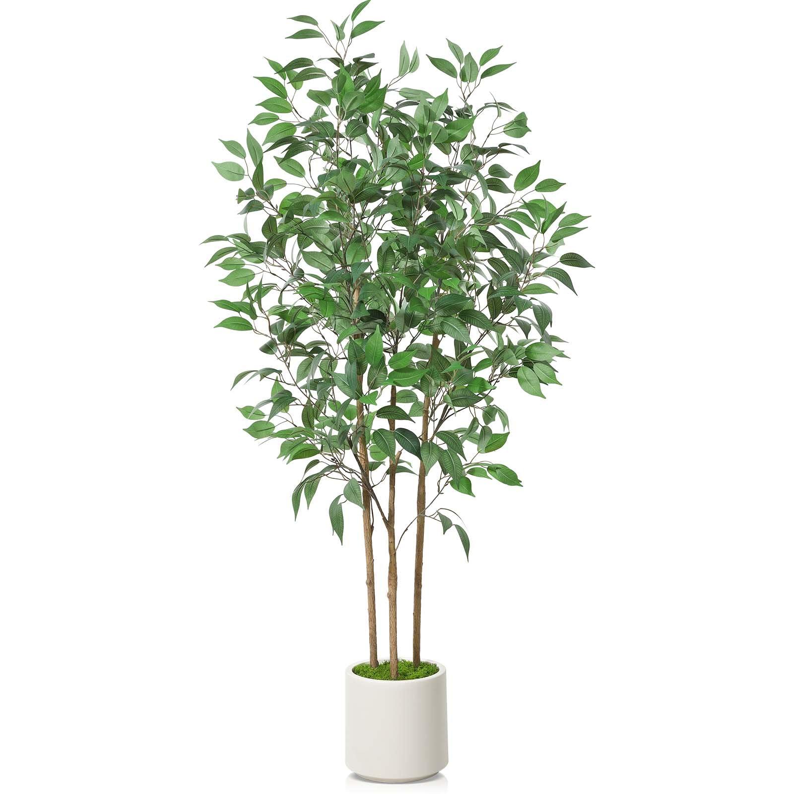 SOGUYI Ficus Artificial Tree 5ft Tall Fake Ficus Tree for Home Decor Indoor Faux Silk Ficus Plant Fake Floor Plant in White Imitation Ceramic Planter with Green Fake Moss, Set of 1