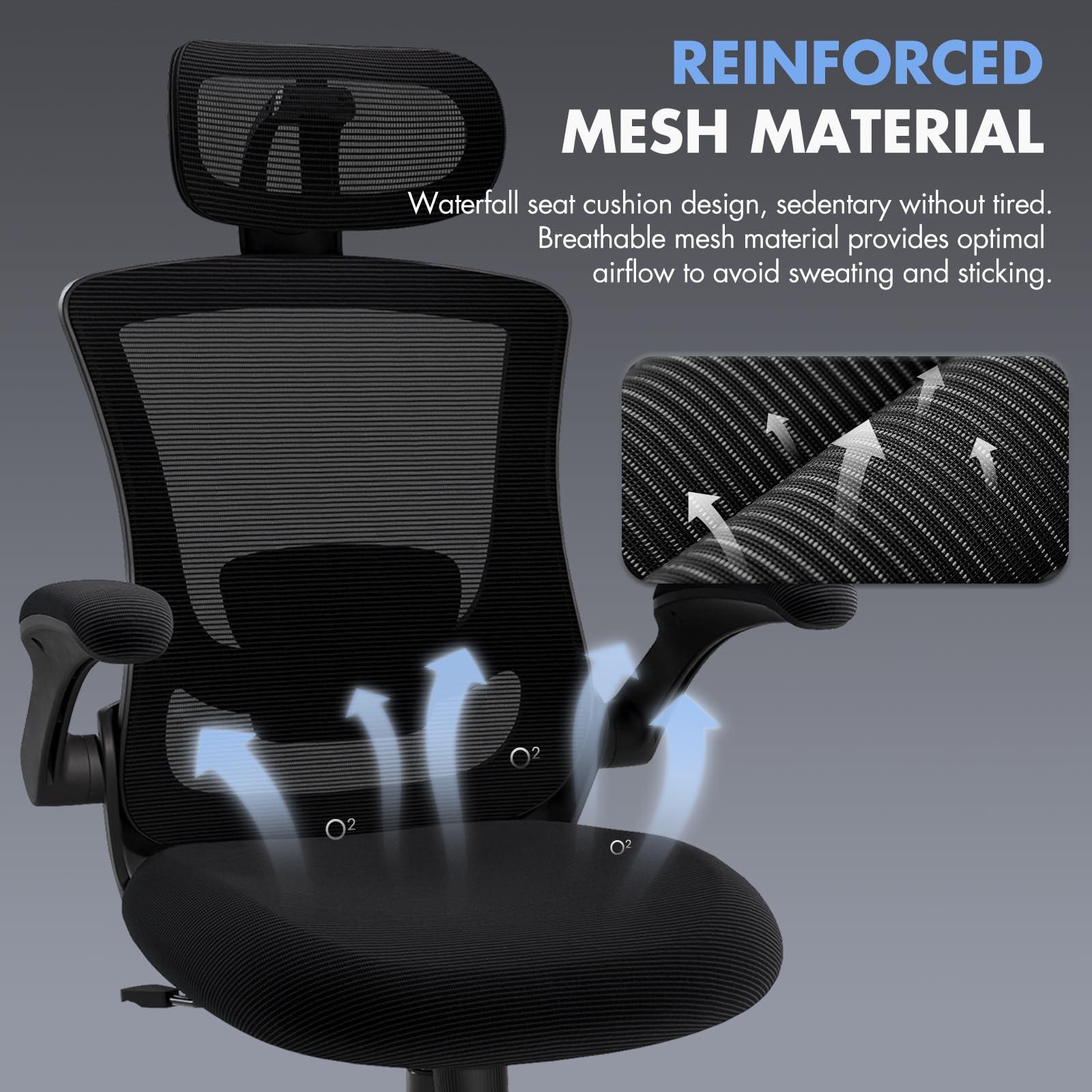 Ergonomic Office Chair with Adjustable Lumbar Support & Headrest – High Back Mesh Desk Chair with Flip-Up Armrests, Swivel Rolling Computer Chair for Home Office, Breathable & BIFMA Certified, Black - Image 6