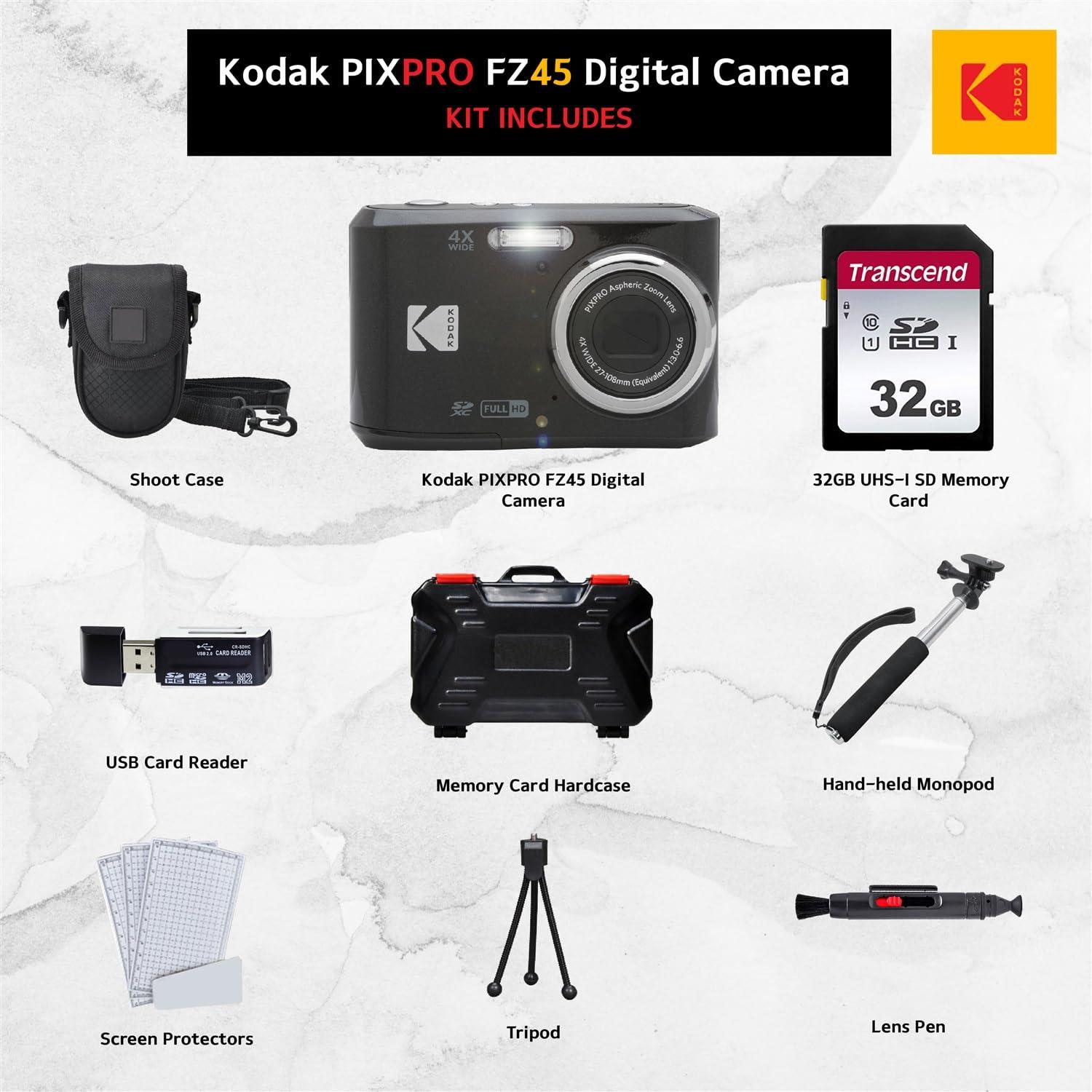 Kodak PIXPRO FZ45 Digital Camera, 32GB Memory Card, Point and Shoot Camera Case, Extendable Monopod, Lens Cleaning Pen, LCD Screen Protectors, Table Top Tripod â€“ Ultimate Bundle (Black) - Image 2