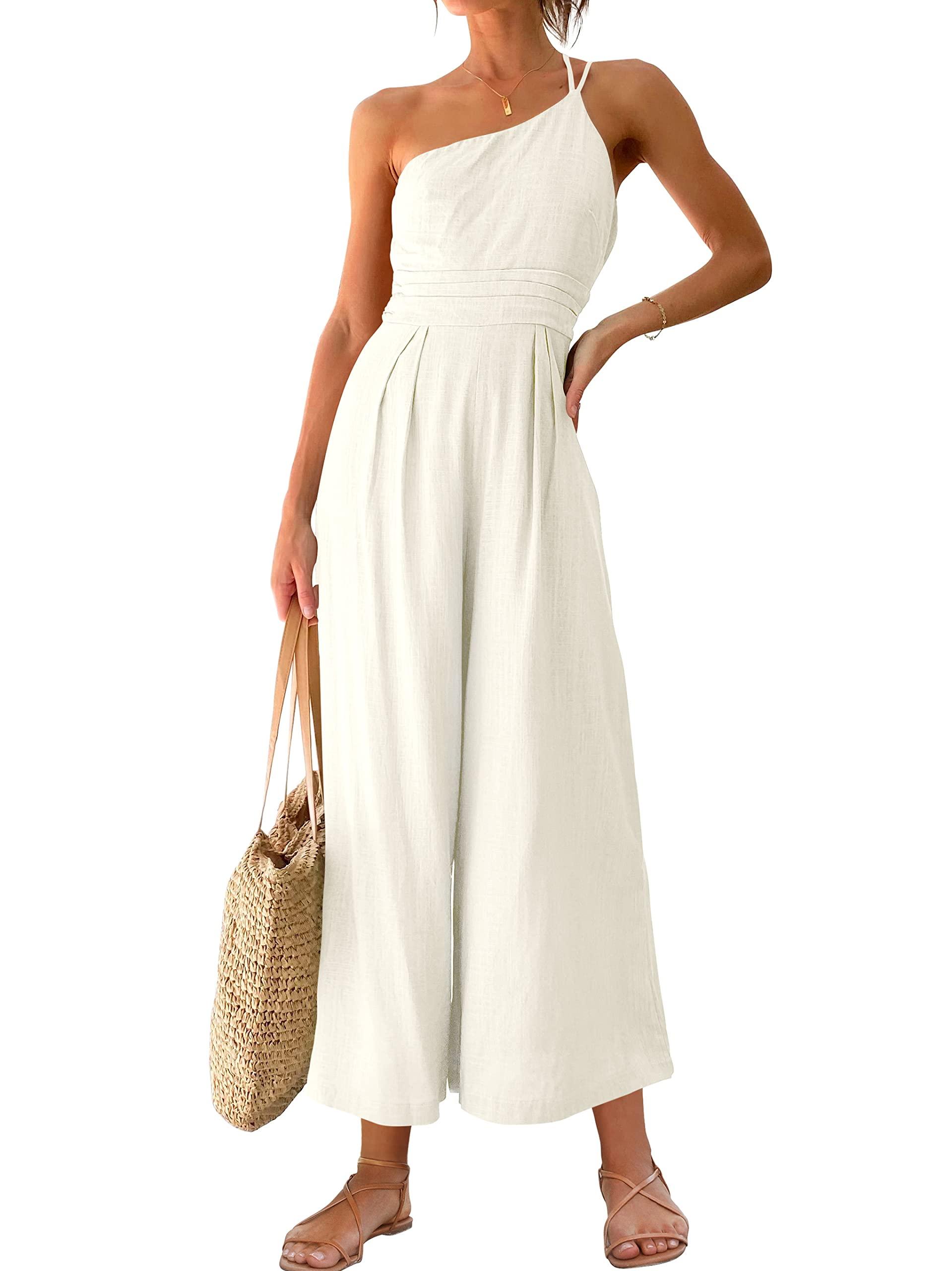 ANRABESS Women's Summer Straps One Shoulder High Waist Dressy Casual Wide Leg Linen Jumpsuit Romper Beach Travel Outfits