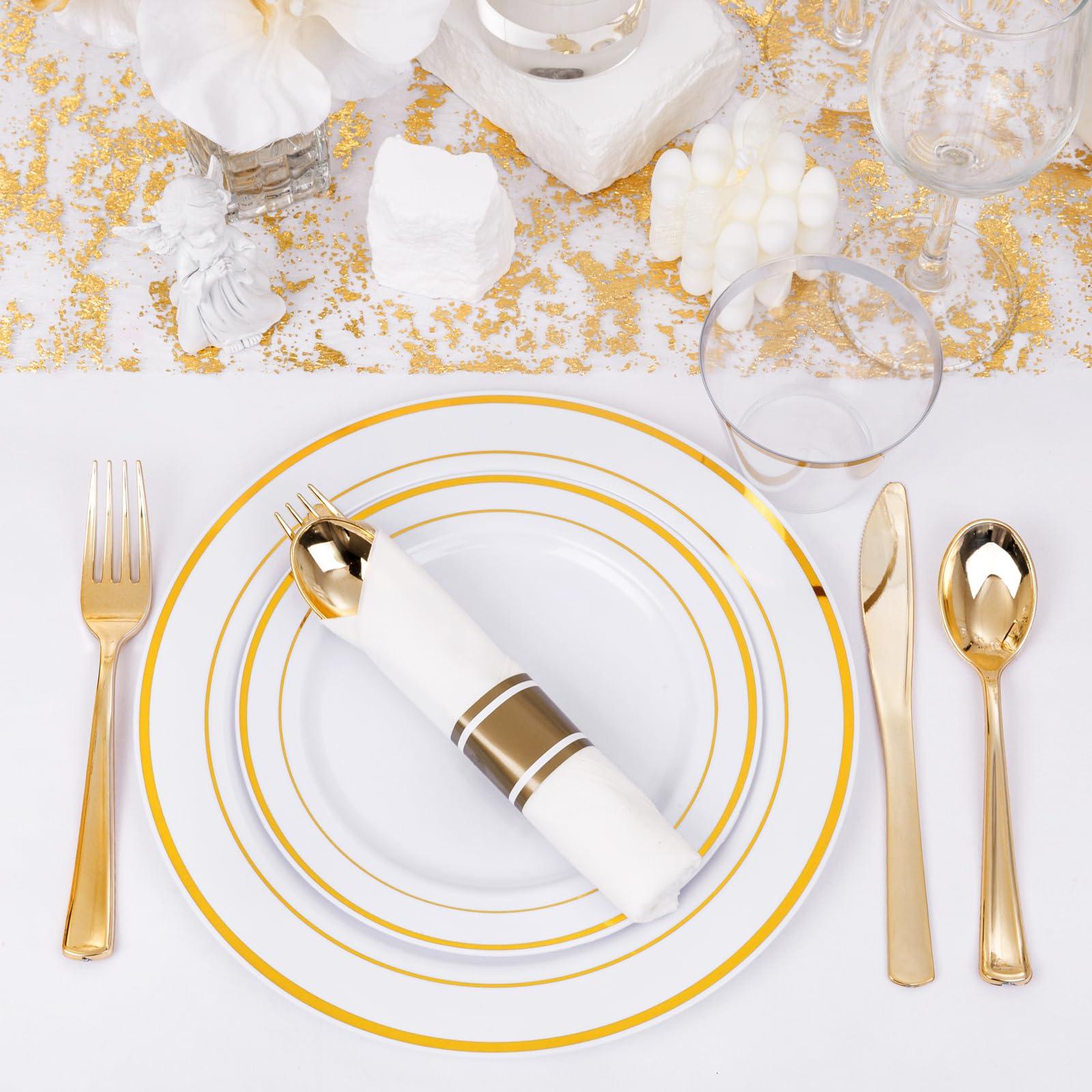 WELLIFE 350-Piece Gold Disposable Plates and Cutlery Set - Premium 10.25" Dinner Plates, 7.5" Dessert Plates, 9oz Cups & Cutlery for Weddings, Catering Events - 50 Guest Service - Elegant & Sturdy - Image 6