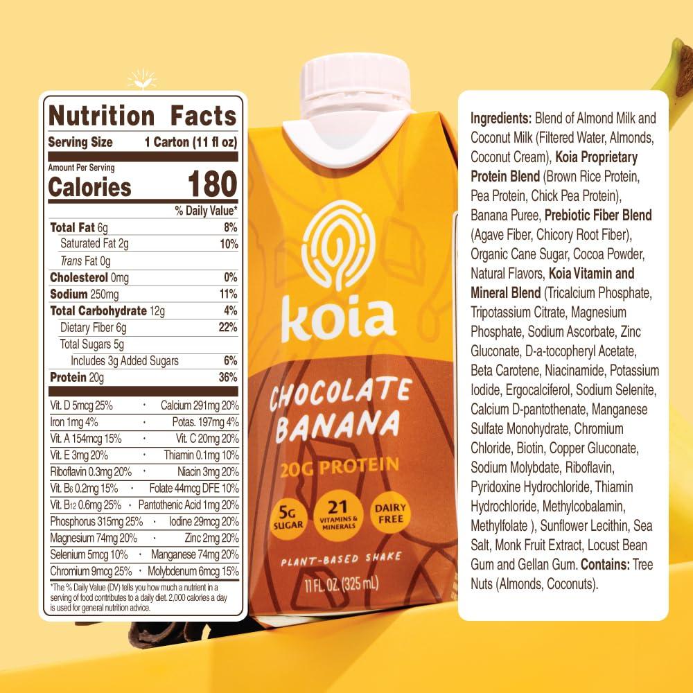 Koia Plant Based Protein Shake, Chocolate Banana, 20g Protein, 5g Sugar, 6g Prebiotic Fiber, 21 Vitamins & Minerals, Meal Replacement Drinks, Dairy-Free, Gluten-Free, Non-GMO, 11 Fl Oz (Pack of 12) - Image 5