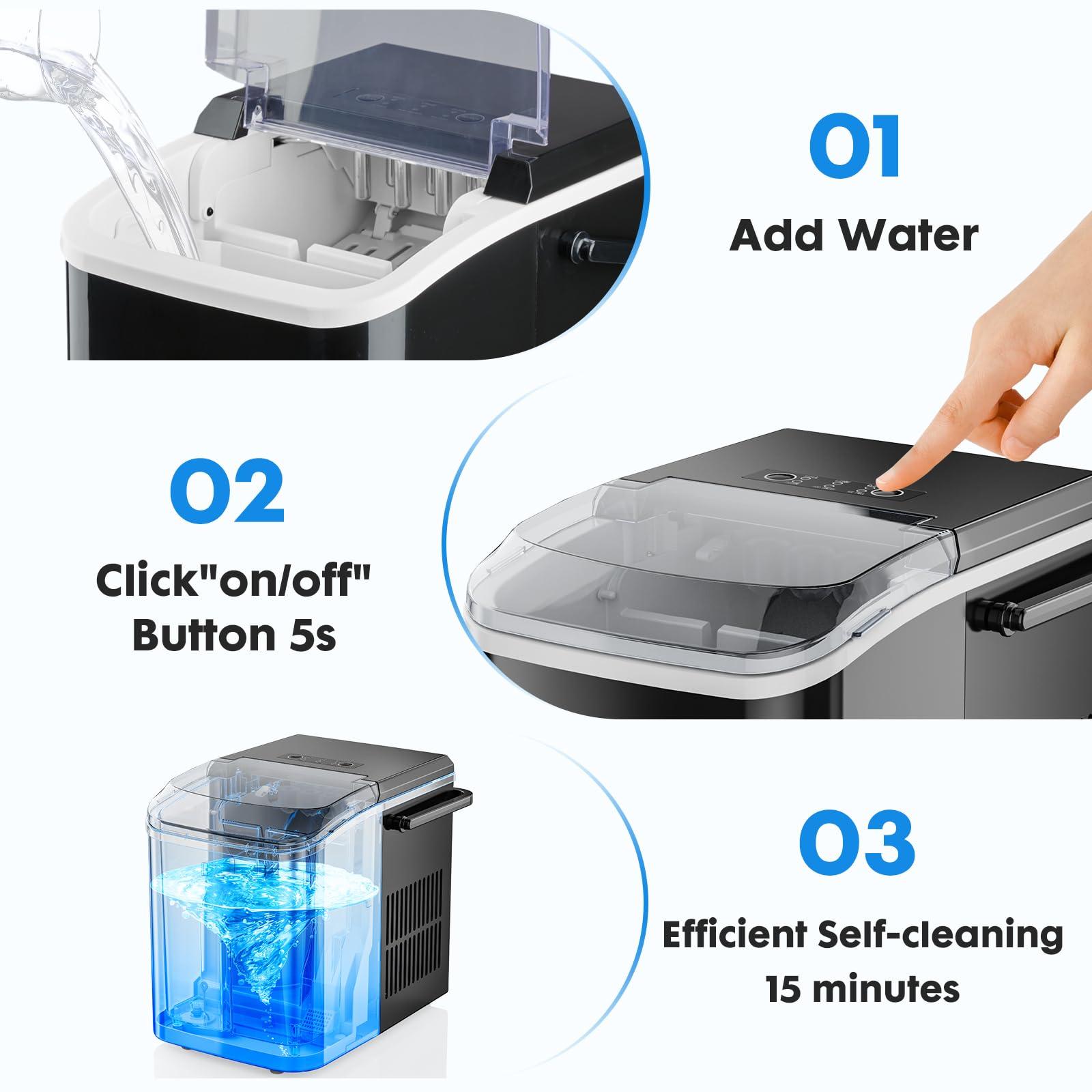 DUMOS Ice Maker Countertop Ice Machine Compact Size with Handle, 26lbs in 24Hrs, Black - Image 7