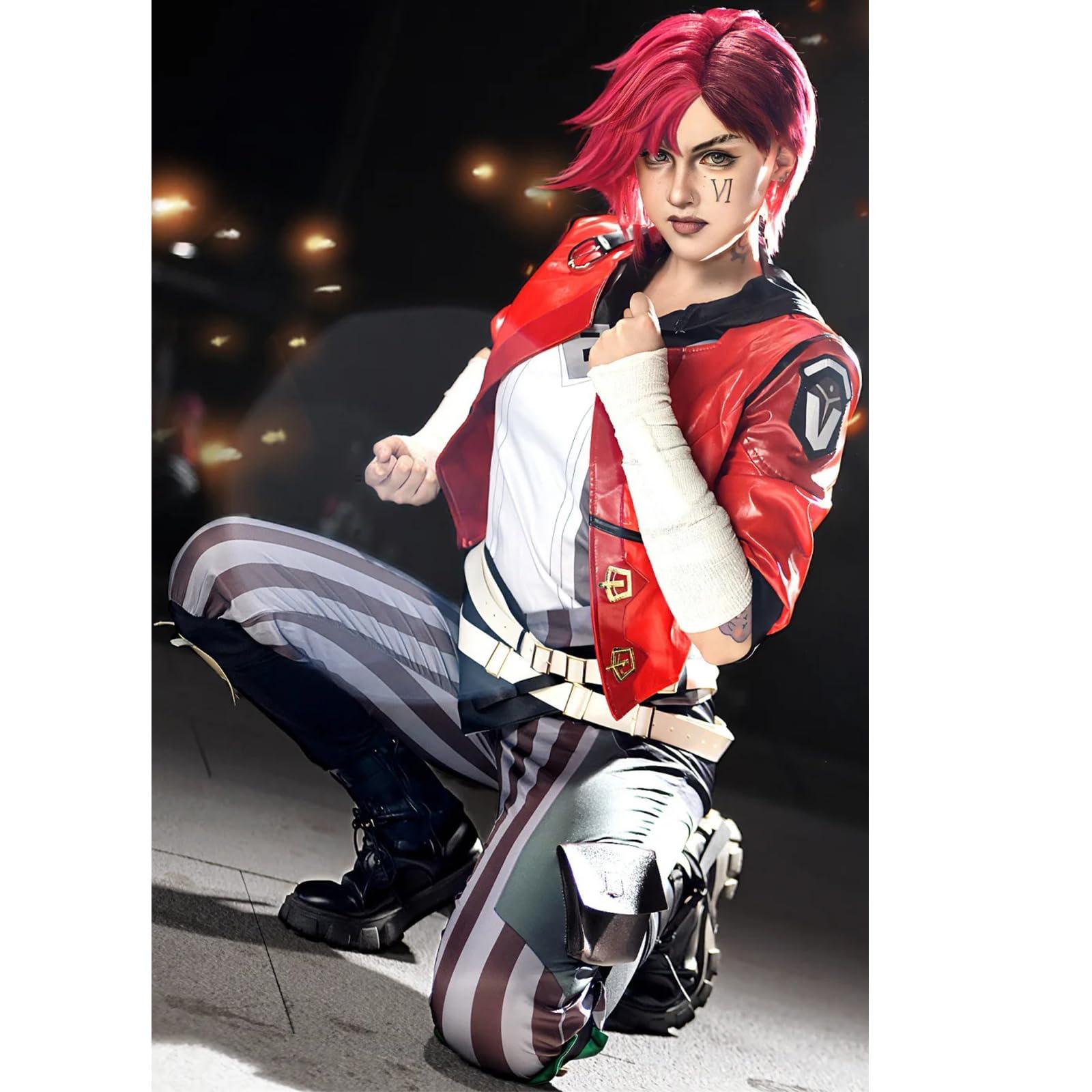 Women's Red Leather Anime Cosplay Jacket Full Set with Gradient Wig - Image 6