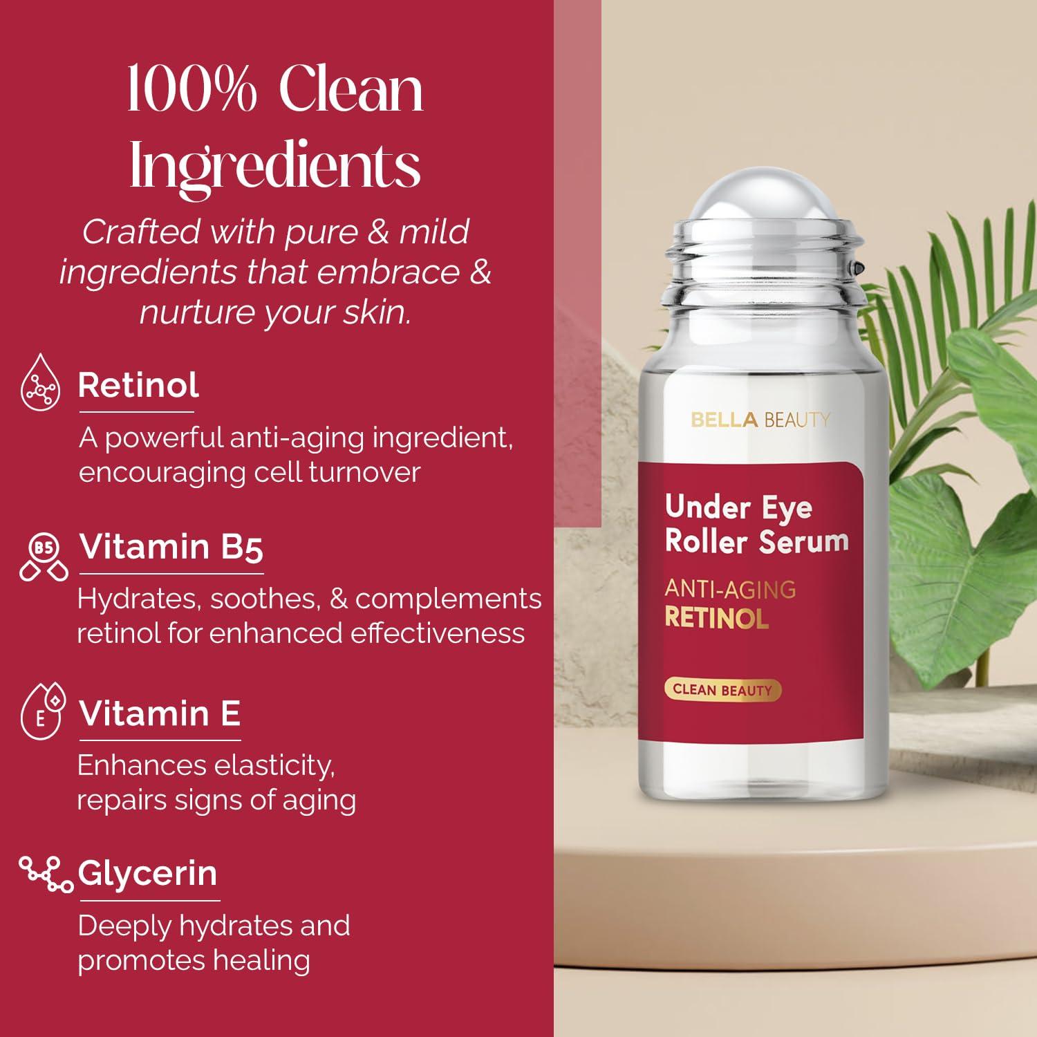 Bella Beauty Eye Roller Serum with Retinol & Vitamin B5 - Reduces Dark Circles, Puffiness & Fine Lines - Anti-Aging, Dermatologist Tested, Korean Skin Care for All Skin Types - 1.69 Fl. Oz - Image 4