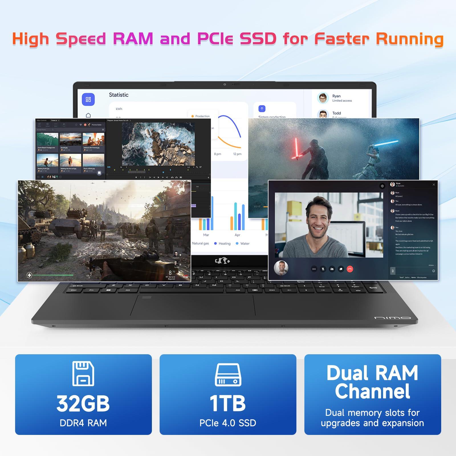 NIMO 17.3 Business-Laptop, 32GB RAM 1TB SSD, Intel Core i3-1215U, Windows 11 Computer PC with Backlit Keyboard Fingerprint Unlock 65W Type-C WiFi 6 BT5.2 54Wh Battery for Students Seniors Home Office - Image 3