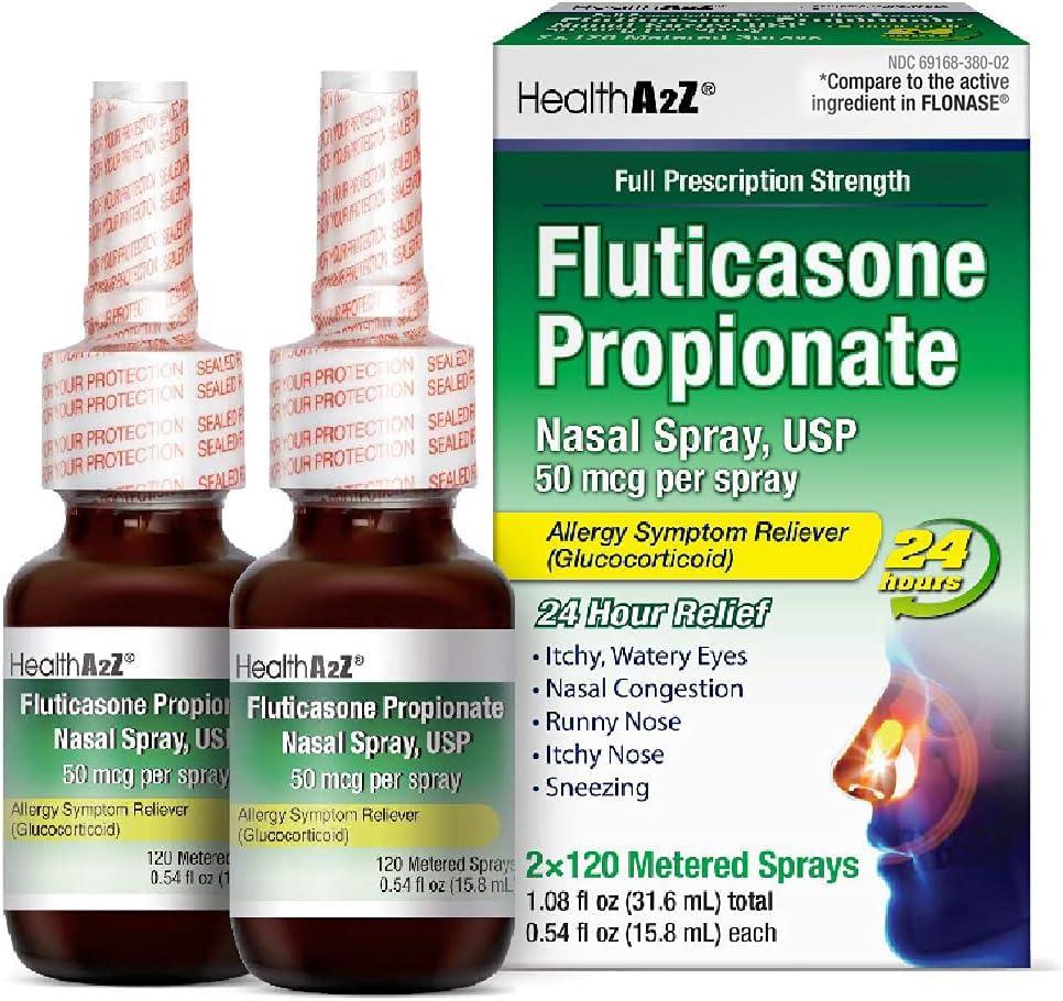 HealthA2Z® Fluticasone Propionate Nasal Sprays | Allery Relief Spray | Runny Nose | Nasal Congestion | Sneezing | Itchy Watery Eyes | 24 Hour Allergy Relief | (2 Packs)