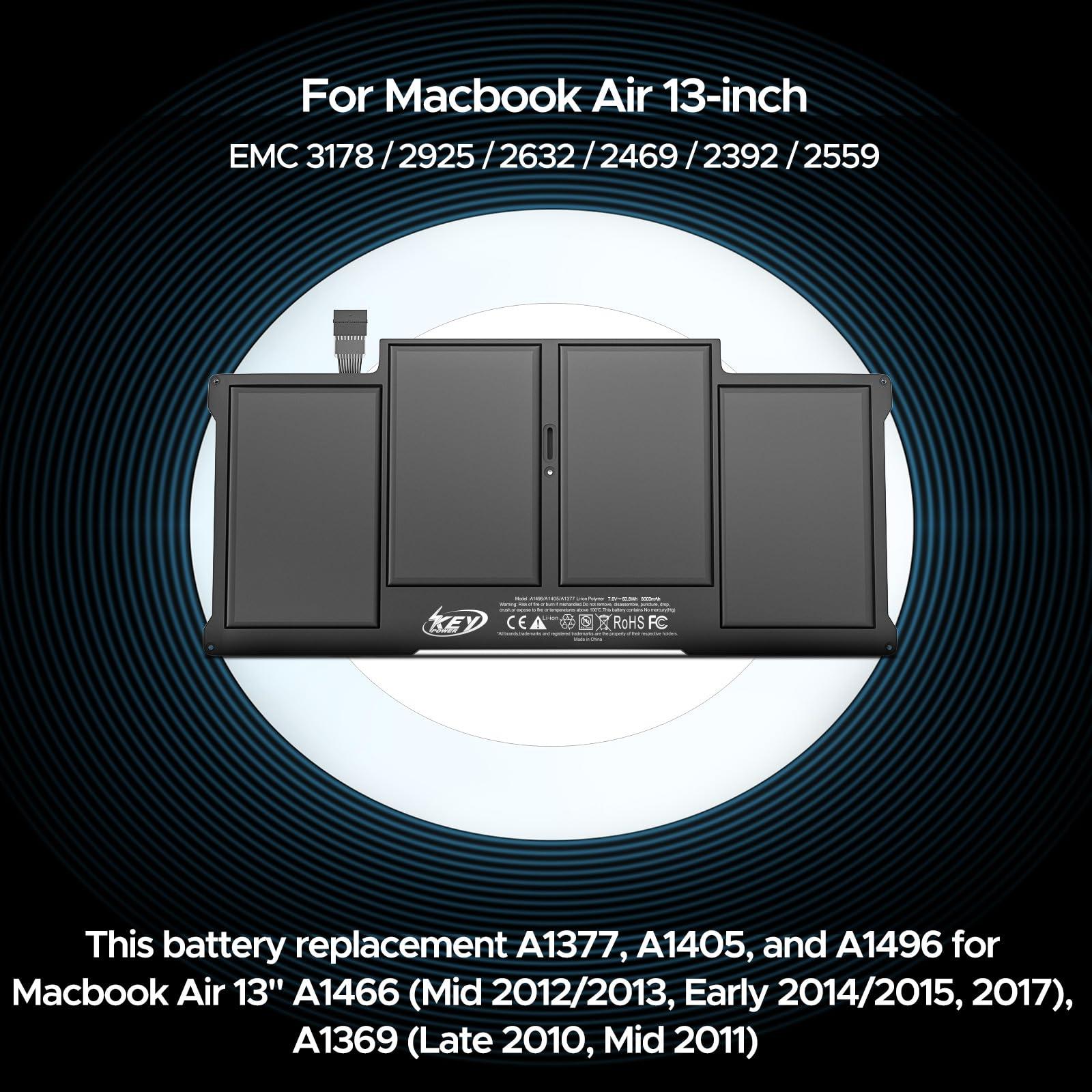 Key Power A1466 Battery, 13 inch MacBook Air Battery Replacement for A1466 (Mid 2012/2013, Early 2014/2015, 2017), A1369 (Late 2010, Mid 2011), Compatible Laptop Models A1496 A1377 A1405 - Image 2