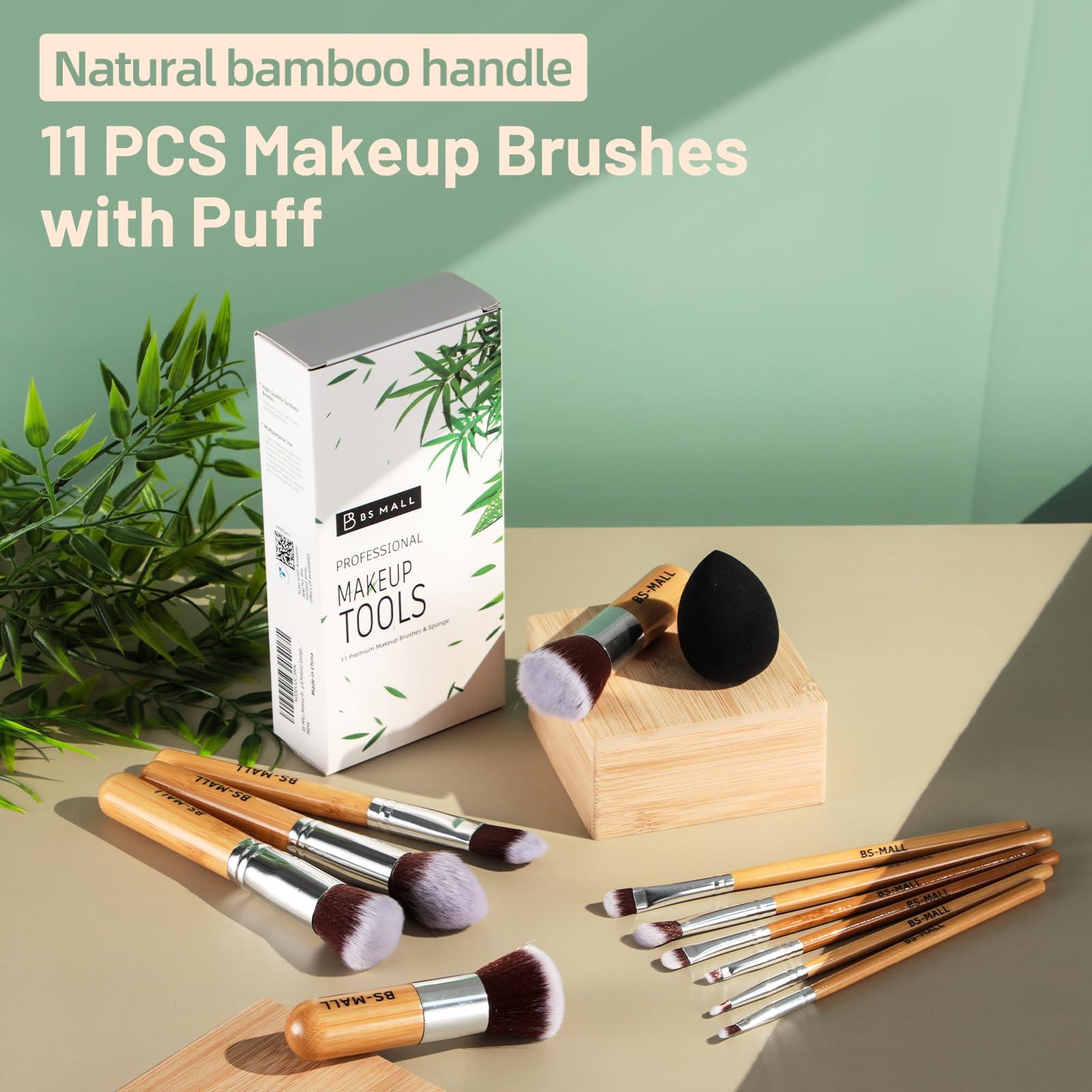 BS-MALL Makeup Brush Set 11Pcs Bamboo Synthetic Kabuki Brush Set Foundation Powder Blending Concealer Eye shadows Blush Cosmetics Brushes with Organizer Bag & Makeup Sponge - Image 7