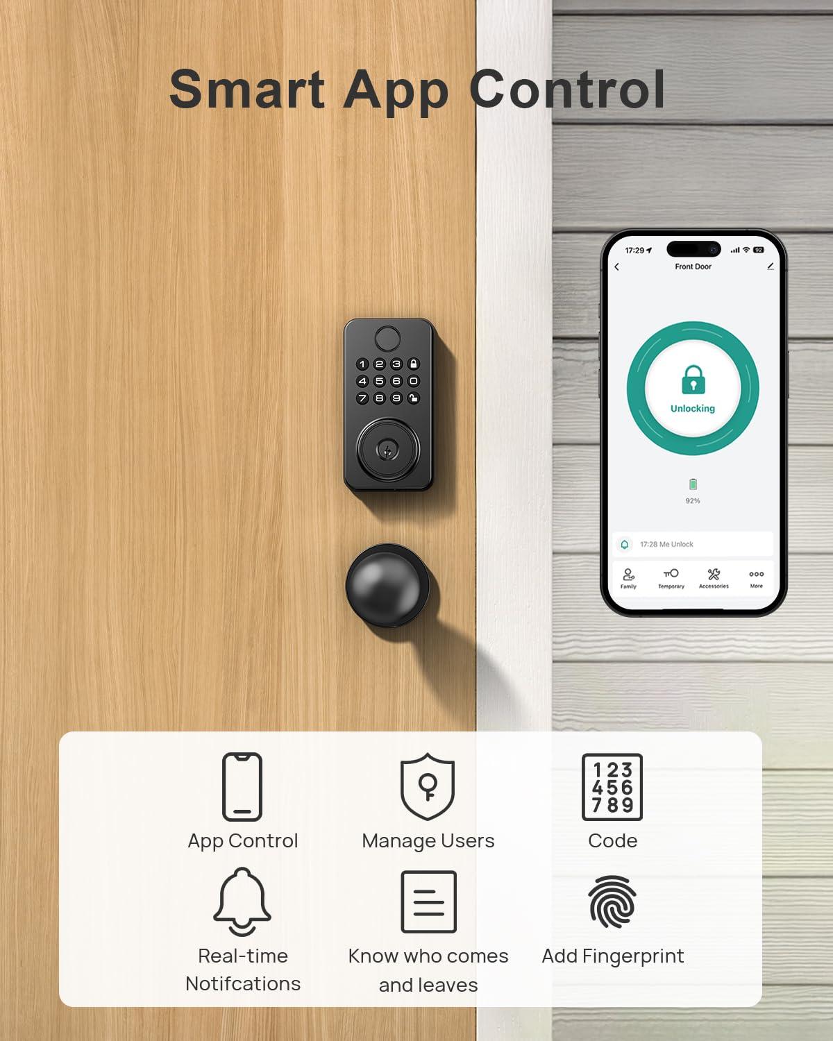 NBBX Fingerprint Door Lock with Knobs, Keyless Entry Deadbolt with Auto Lock, Keypad and App Support for Front Door and Bedroom, Easy to Install – N201 - Image 5