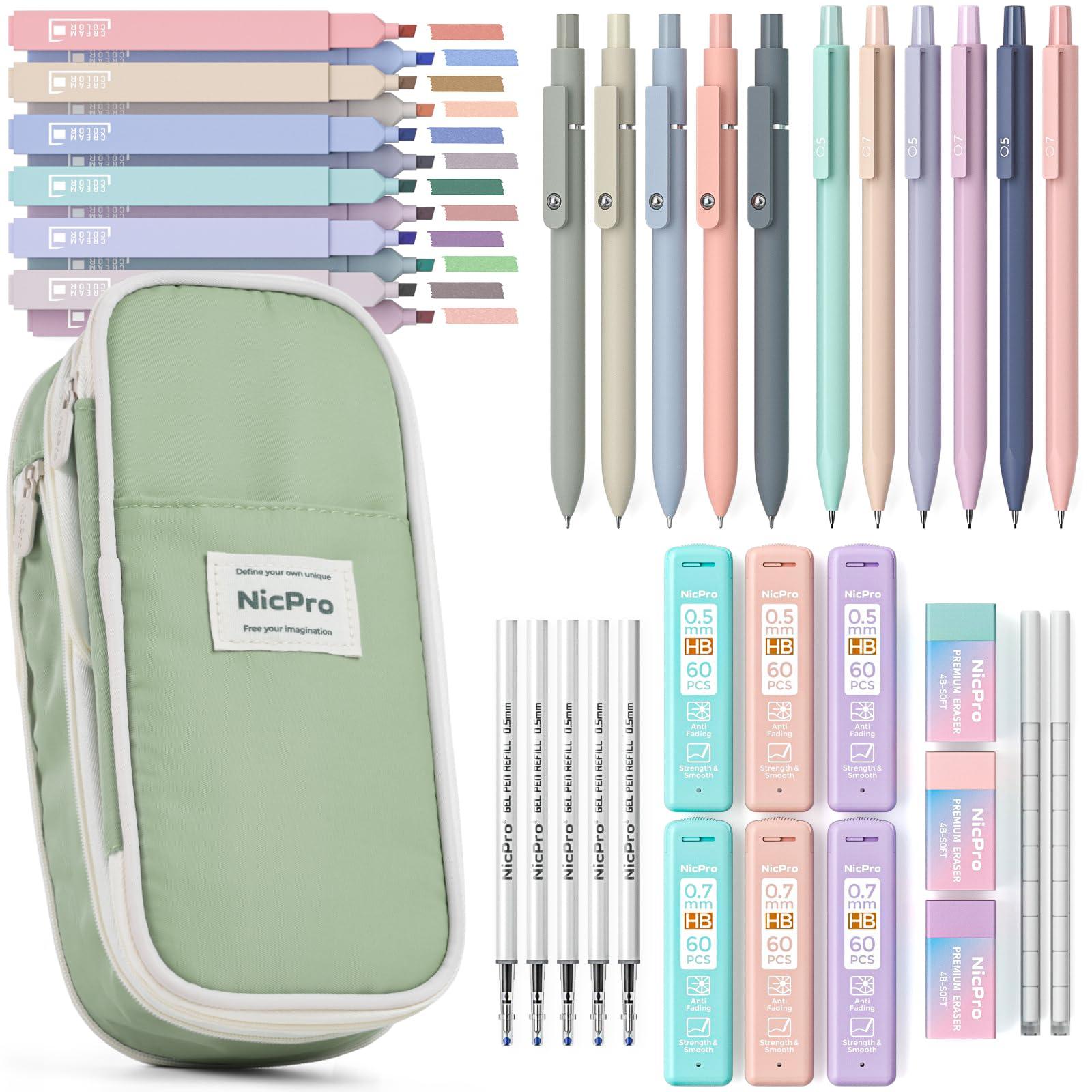 Nicpro 39 PCS Aesthetic School Supplies with Big Capacity Pen Case, 12 Color Pastel Highlighters, 5 Quick Dry Retractable Black Ink Pens, 6 Pastel Mechanical Pencil 0.5 & 0.7 mm for Student Stationary