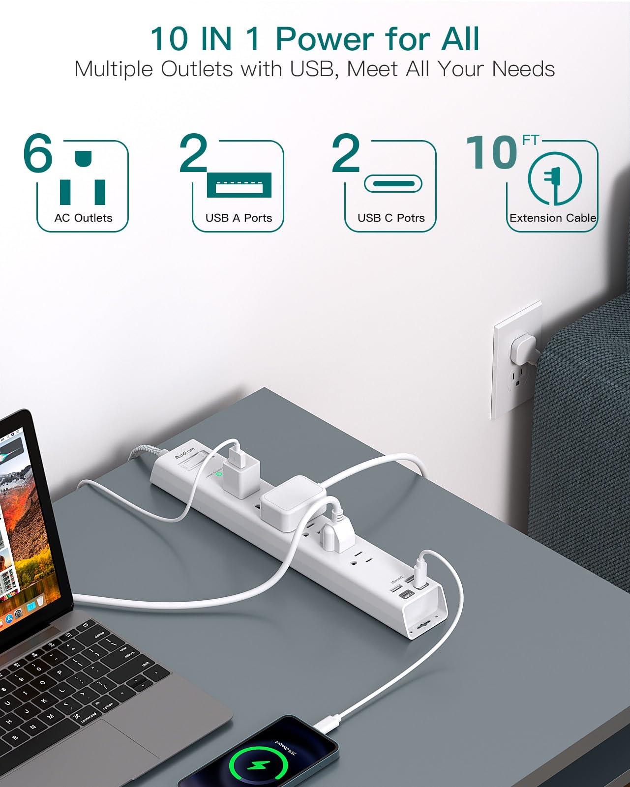 Extension Cord 10 ft - Long Power Strip Surge Protector, 6 AC Outlet 4 USB (2 USB C), Flat Plug, Wall Mount, Multi Plug Outlet Extender Desk Charging Station for Home Office Dorm Room Essentials - Image 3