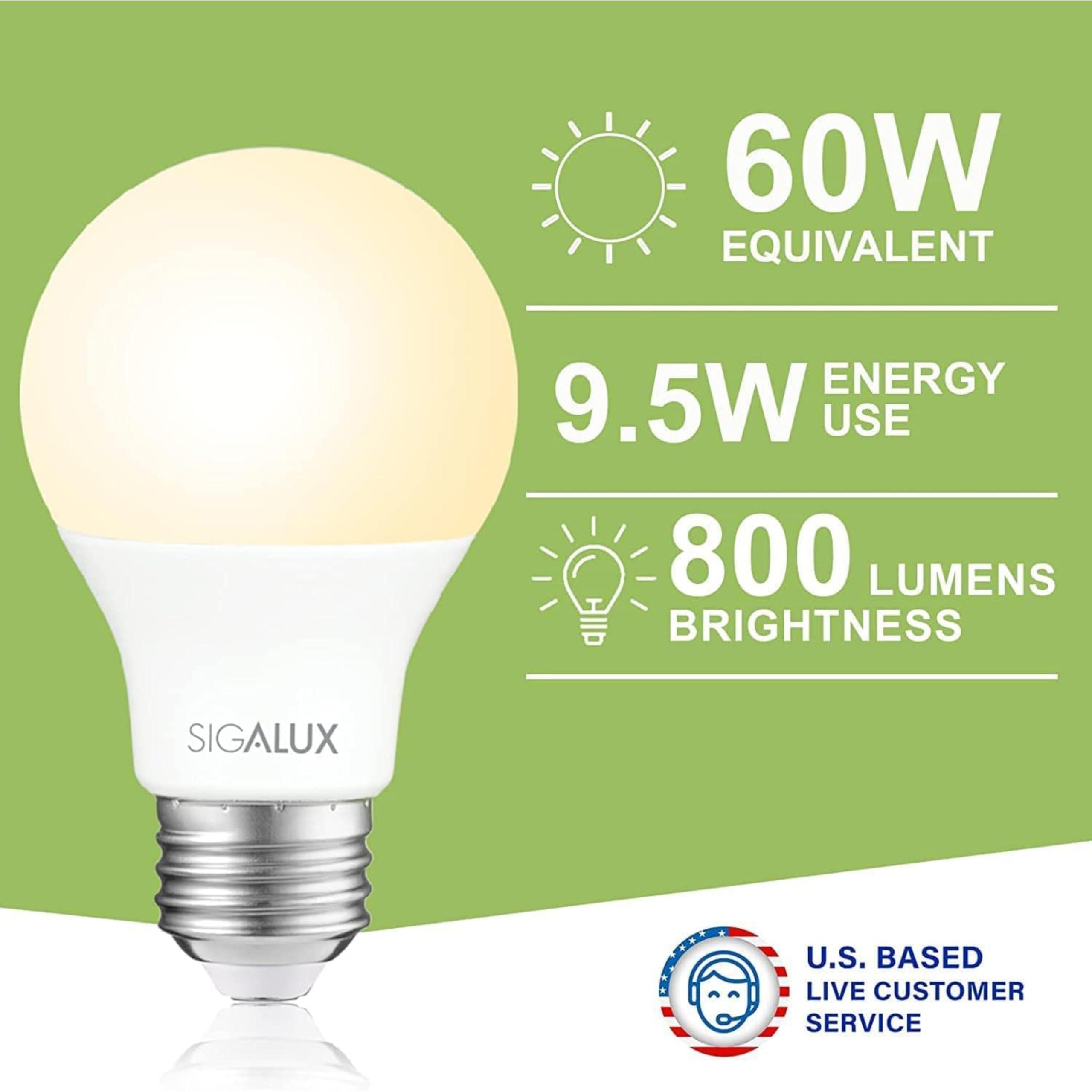 Sigalux LED Light Bulbs 60 Watt Equivalent A19 Standard Light Bulbs 2700K Warm, Non-Dimmable Energy Efficient 9.5W LED Soft White Bulb with E26 Medium Base, 800 Lumens, UL Listed, 4 Packs - Image 3
