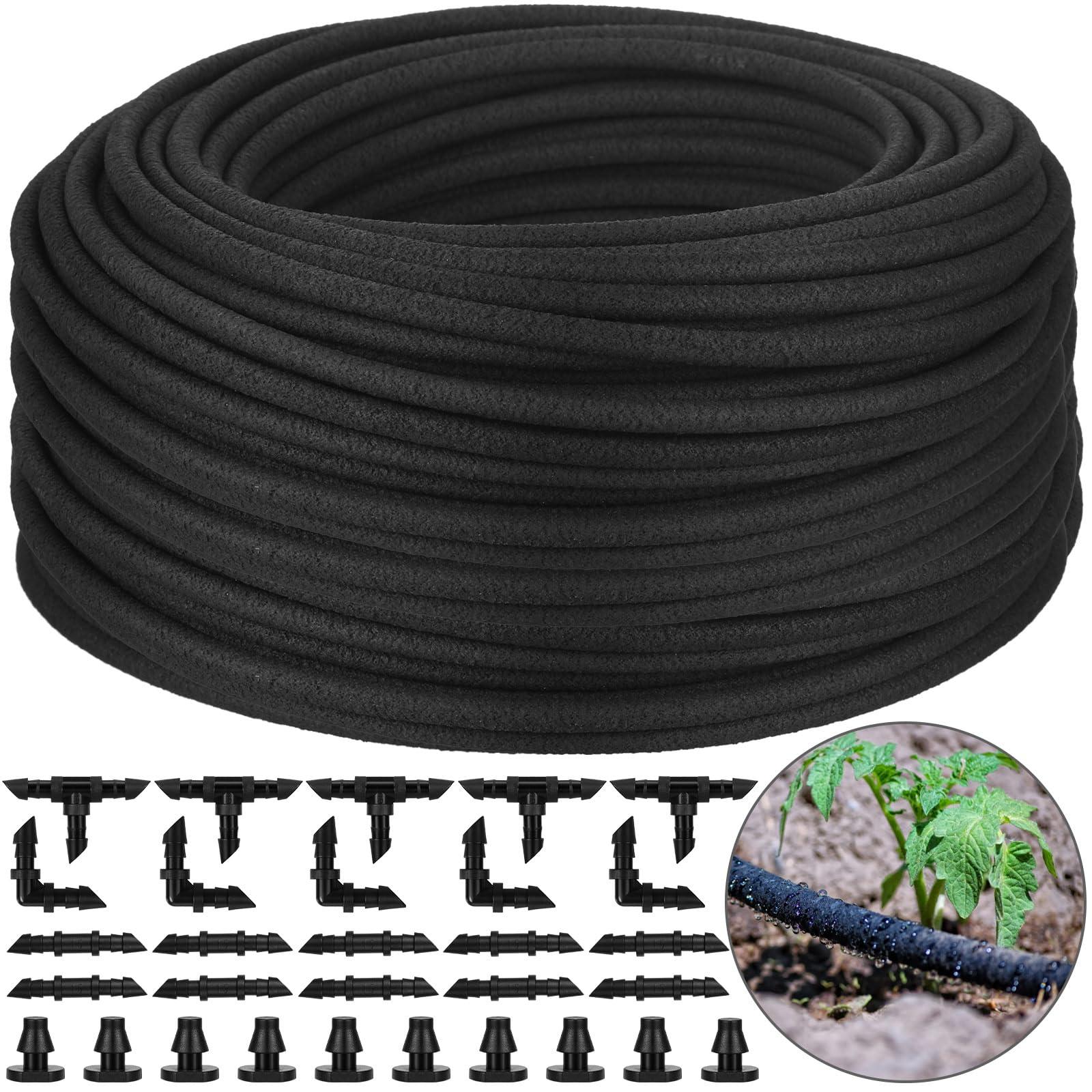 Innconee 1/4 Inch Soaker Hose Irrigation Hose Drip Hose for Garden Heavy Duty Drip Irrigation Tubing with Hose Connector Set or Watering Planters Flower Vegetable Lawn Yard Landscaping, Black (100 ft)