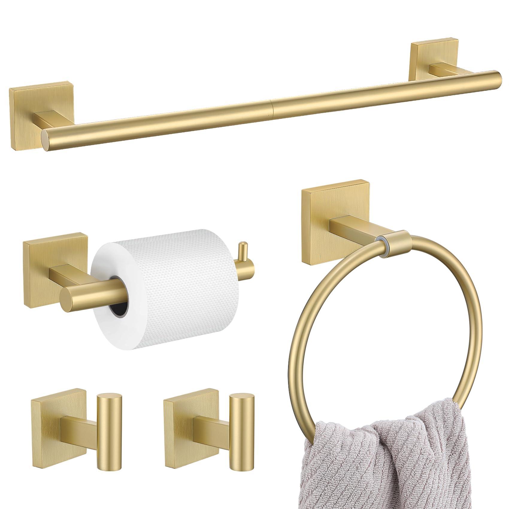5 Pieces Bathroom Hardware Set Brushed Gold Towel Bar Set Includes 23.6” Towel Bar, Towel Ring Holder, Toilet Paper Holder and Two Towel Hooks, Bathroom Accessories Set SUS304 Wall Mounted