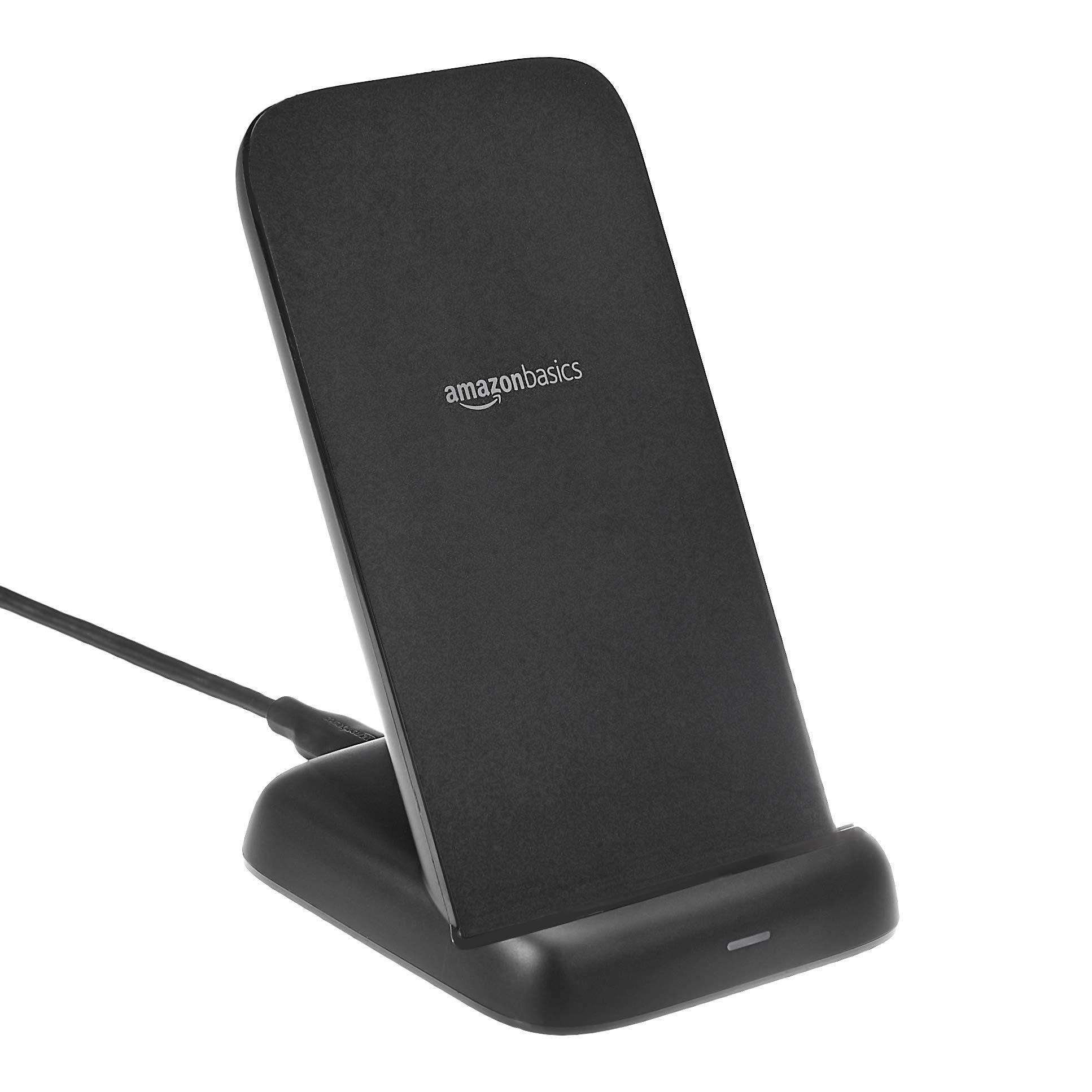 Amazon Basics 10W Qi Certified Wireless Charging Stand, for Phone 16/15/14/13/12/11/X, Samsung, and More, with USB Cable (No AC Adapter), Black