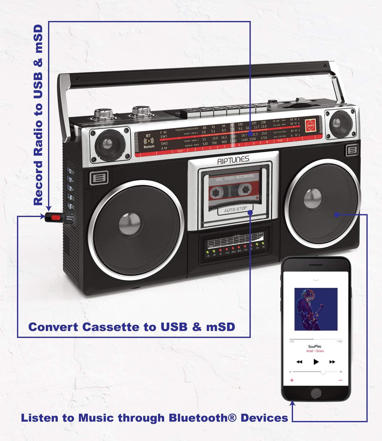 Riptunes Boombox Radio Cassette Player Recorder, AM/FM -SW1/SW2 Radio, Wireless Streaming, USB/Micro SD Slots, Aux in, Headphone Jack, Classic 80s Style Retro, Black - Image 4