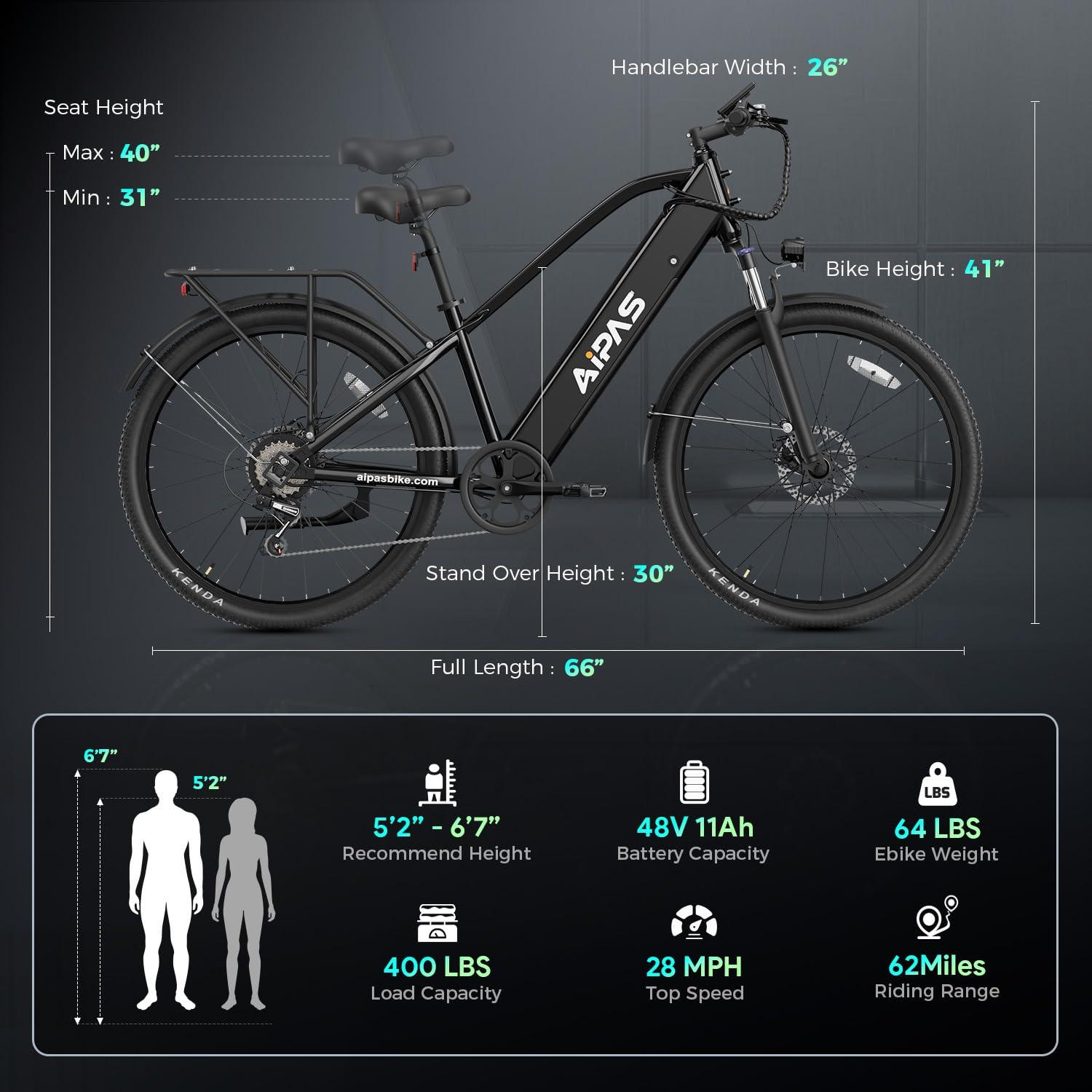 Aipas C2 Electric Bike for Adults, 1100W Peak Motor & 48V 11AH Battery Ebike, 26" Tire Electric Bike, 28MPH, 7-Speed, 62Miles Range with Charging Port - Image 6