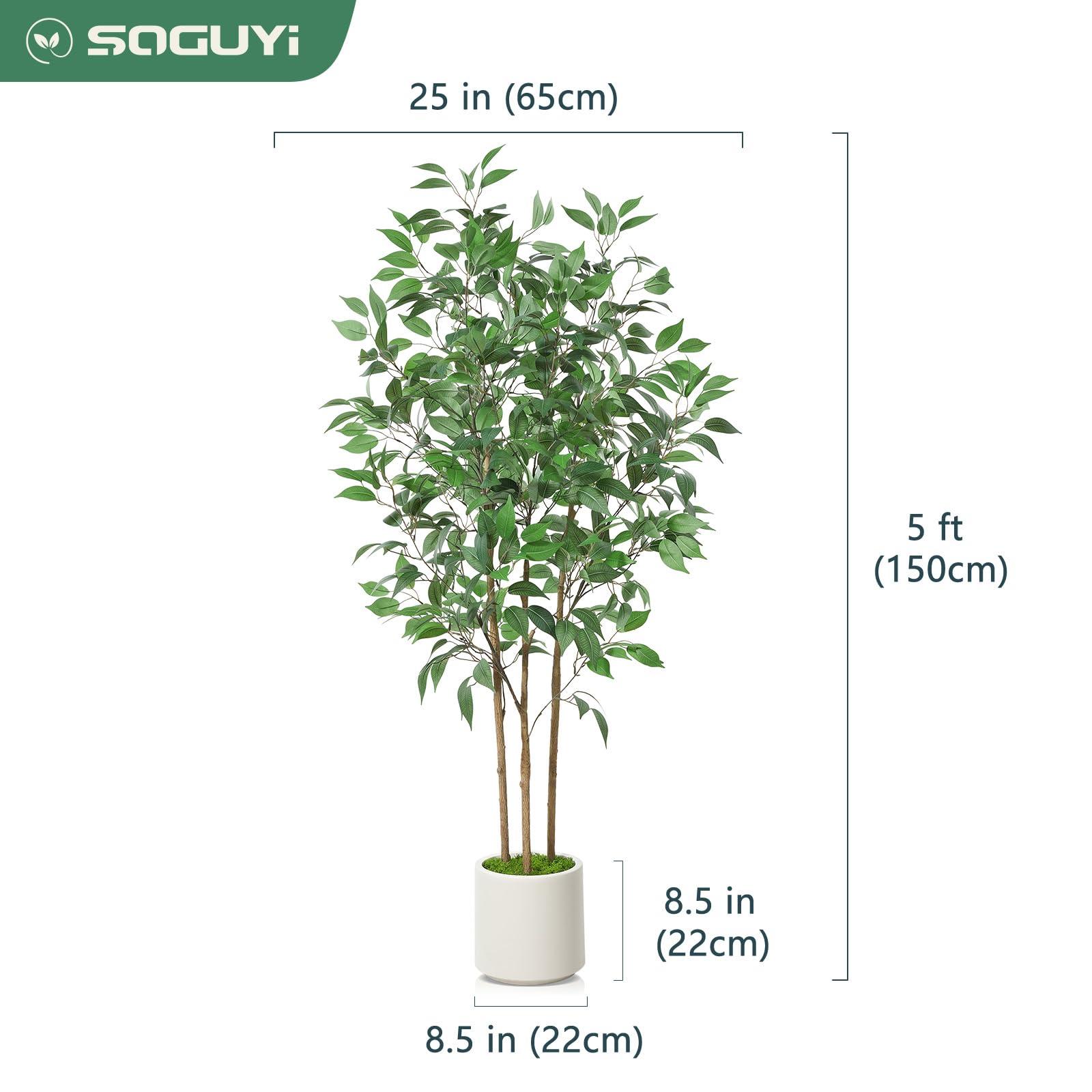 SOGUYI Ficus Artificial Tree 5ft Tall Fake Ficus Tree for Home Decor Indoor Faux Silk Ficus Plant Fake Floor Plant in White Imitation Ceramic Planter with Green Fake Moss, Set of 1 - Image 3