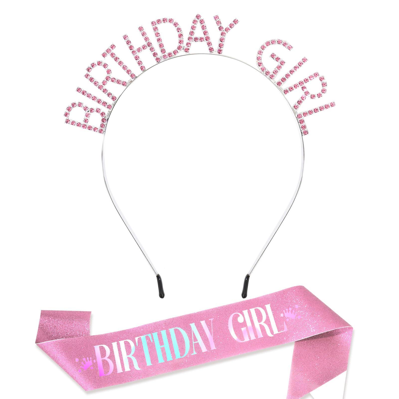 CAVETEE Birthday Girl Crown and Sash， Princess Tiara Happy Birthday Headband Party Accessories for Women and Girls