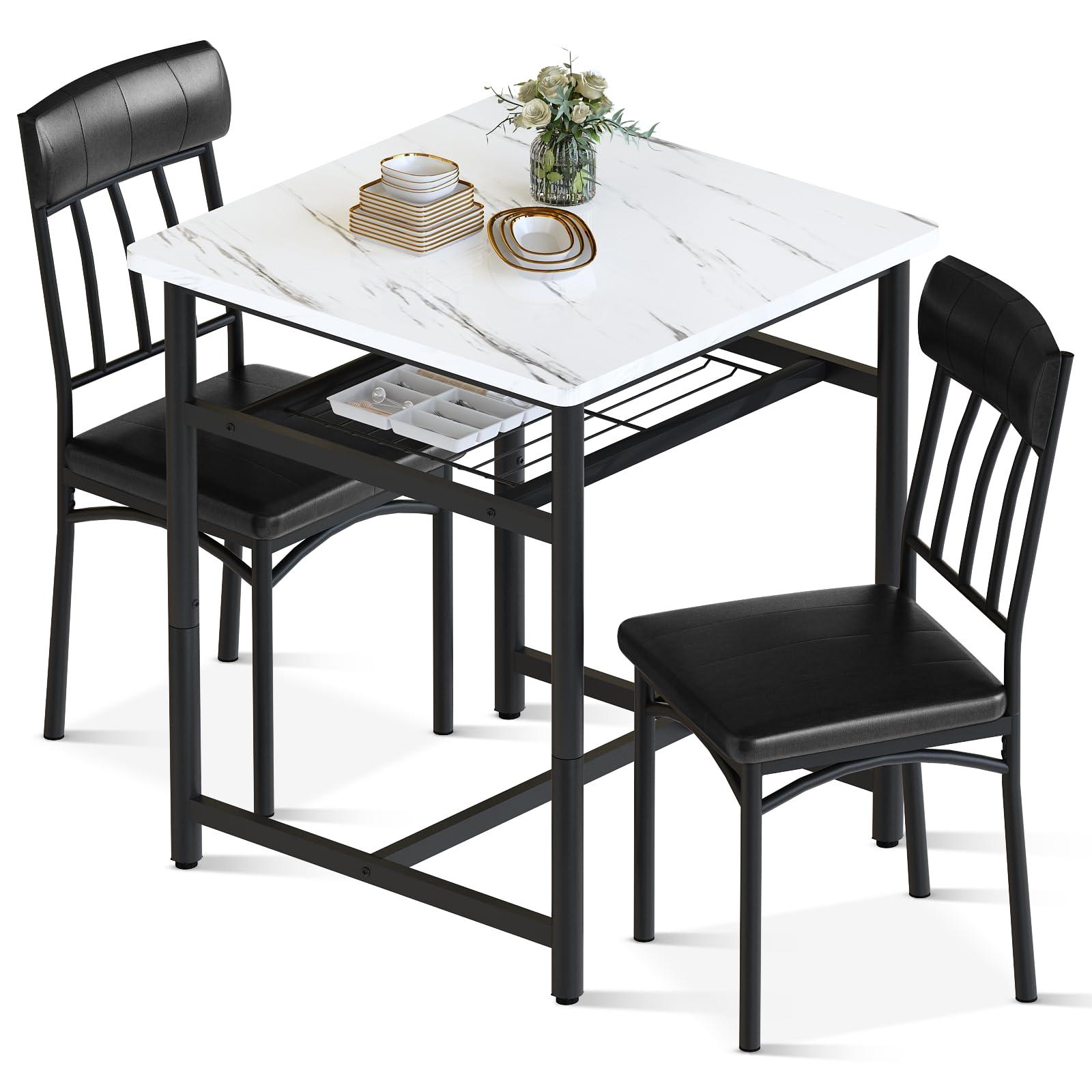Lamerge 3-Piece Marble Table and Chairs Set, Kitchen Table and Leather Chairs for 2 People, Built-in Wine Rack for Small Space, Square Dinette Kitchen Table Set for Apartment, Studio, Home & Office - Image 3